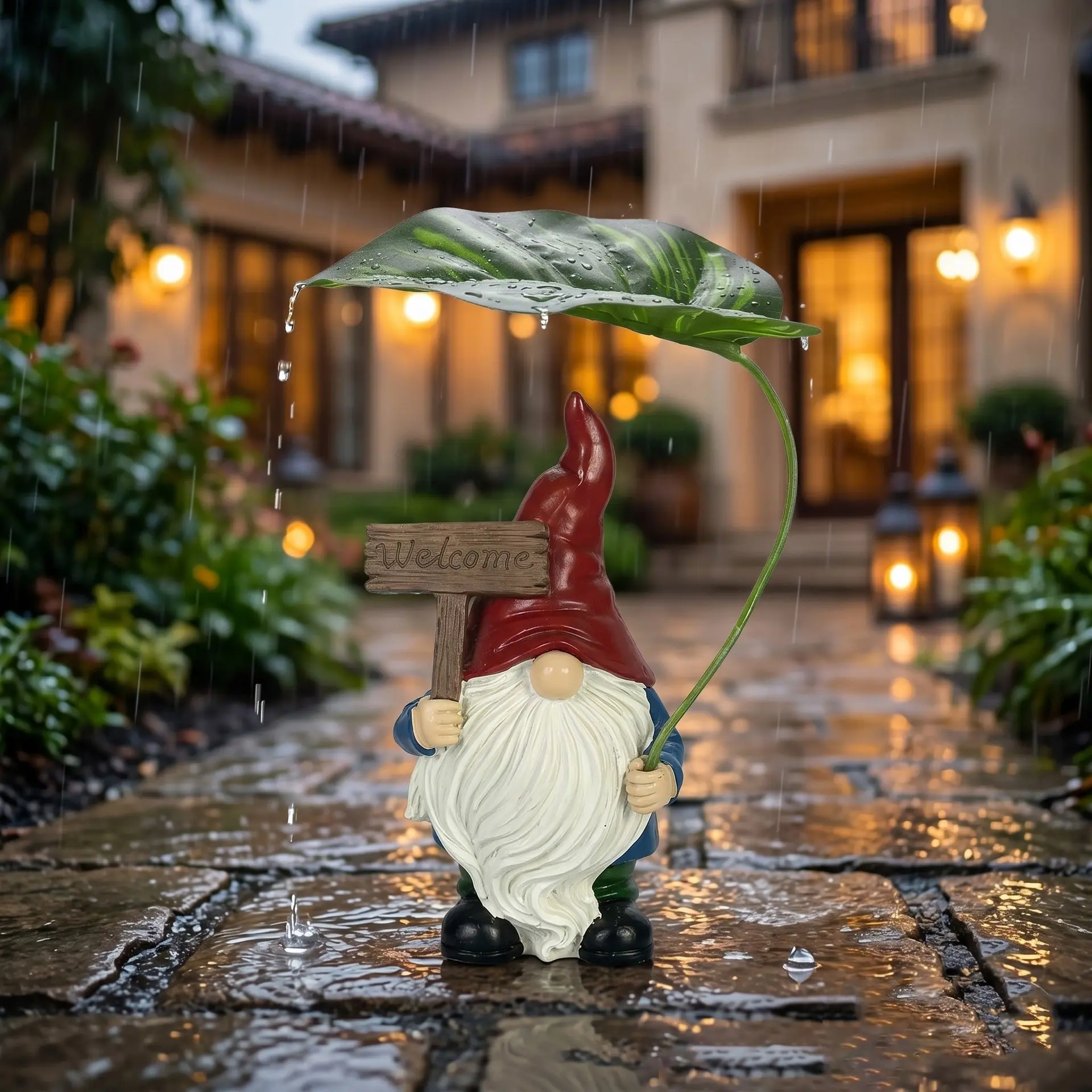 Garden Gnome Statues with Leaf Umbrella, Weather-Resistant Resin Decor, Fun Outdoor Courtyard Patio Lawn Front Porch Ornament, Moving Gift