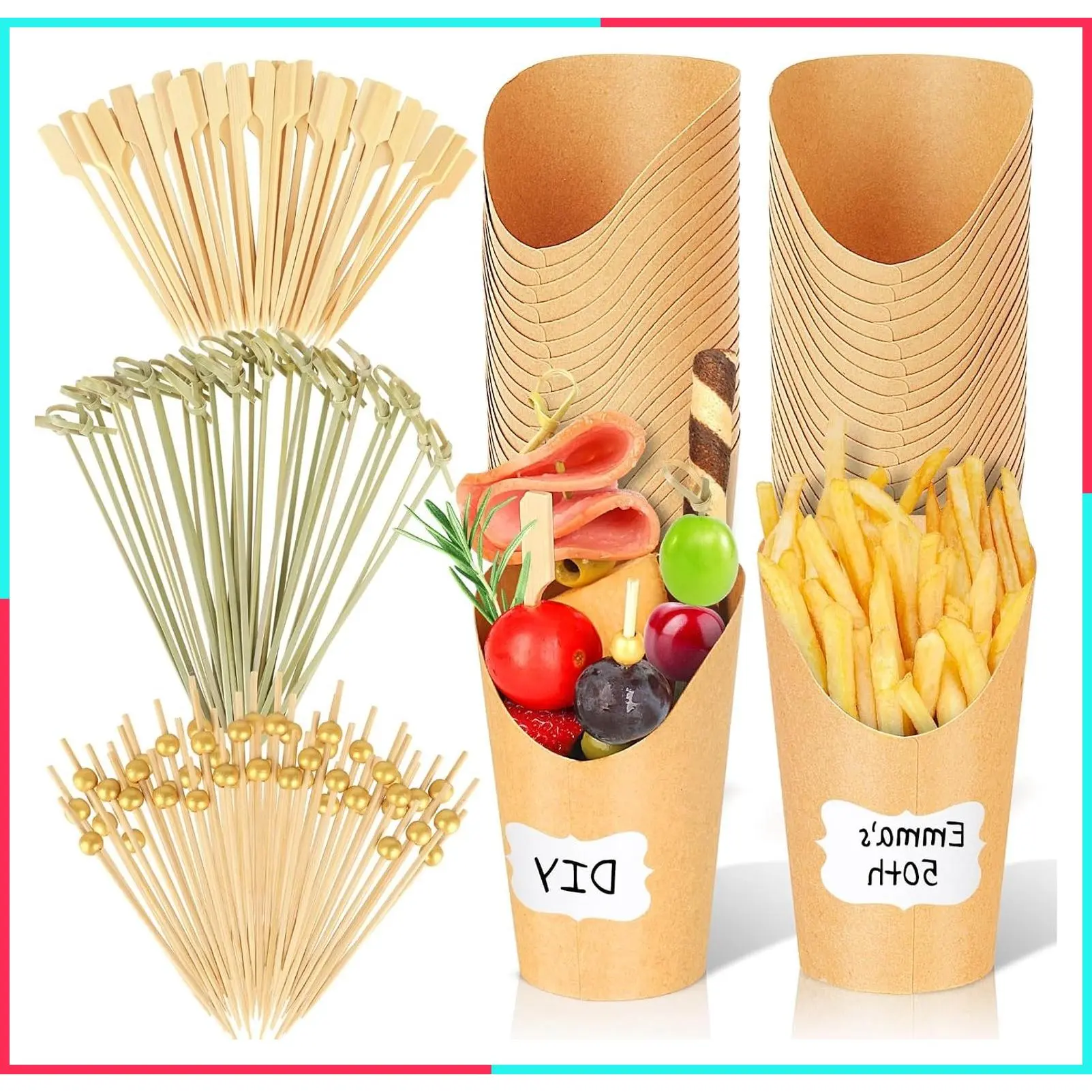 500PCS Charcuterie Cups with Sticks, 80PCS 12 oz Disposable Appetizer Cups, 320PCS Cocktail Toothpicks, Brown Paper French Fry Holders, 100PCS Labels — Charcuterie Board Accessories Set