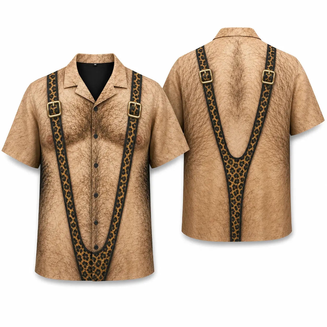 Men's Funny Faux Body Hair Print Menswear Button-Up Short-Sleeve Camp Collar Hawaiian Shirt, Novelty Suspender Graphic Trunks-Inspired Beach Vacation Gag Gift Outfit
