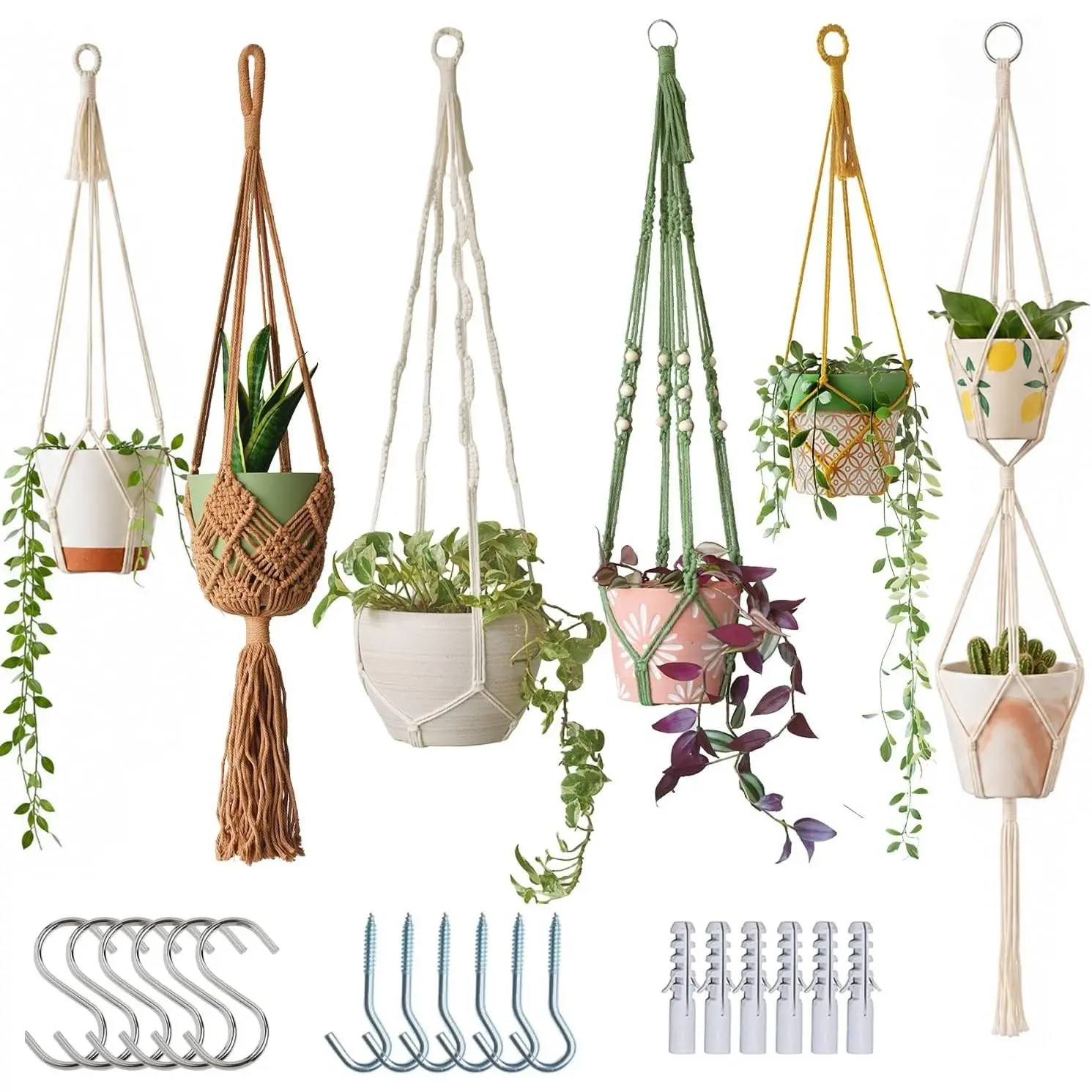 6 Pack Macrame Plant Hangers Set with Hooks Indoor Hanging Planters with Patterns Handmade Cotton Rope Crochet Boho Plant Flower Pot Holders Fits Different Pot Sizes