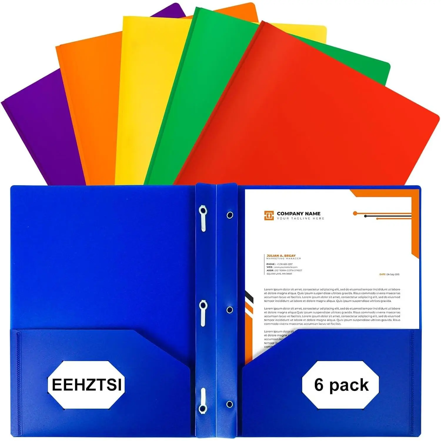 6-Pack Plastic Folders with Pockets and Prongs, 2-Pocket Folders with 3 Fasteners, Holds 8-1/2" x 11" Paper for School/Office/Home, Assorted