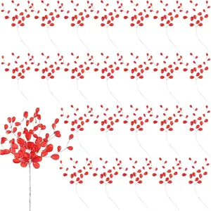 25 count   Flower Branches, Artifial Bead Drop Bouquets, Glitter Floral  Picks Arrangement for Wedding Christmas Thanksgiving Day  Office Table Top Decortaion- Red