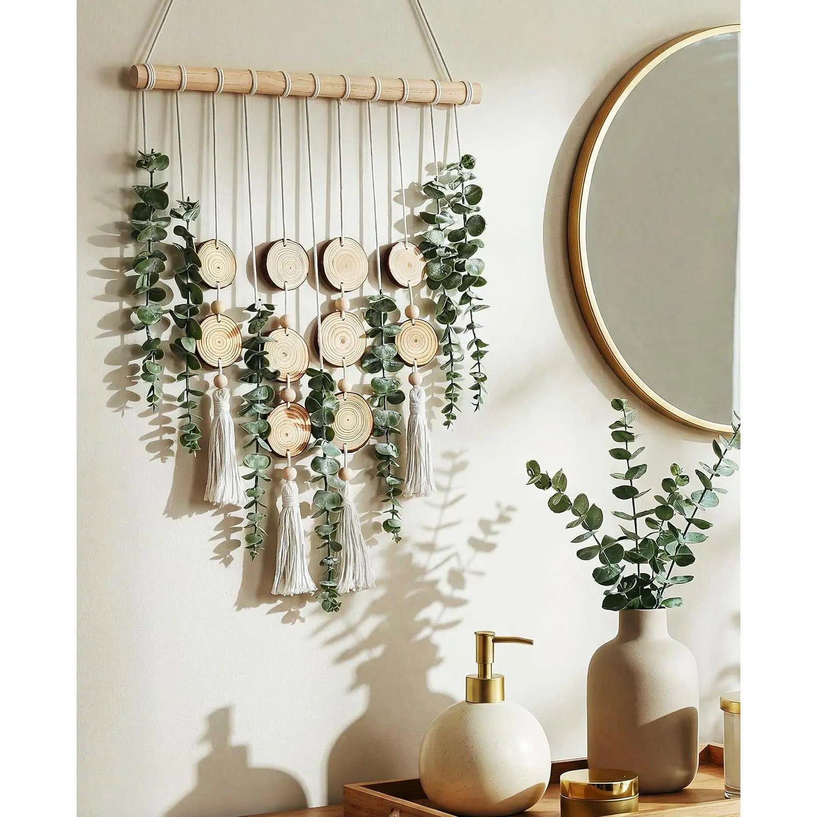 Boho Artificial Eucalyptus Wall Decor Hanging, 33.1 Inch Fake Greenery Leaves with Wood Slices & Tassels, Rustic Farmhouse Wall Sign for Bathroom Kitchen Bedroom Home Office