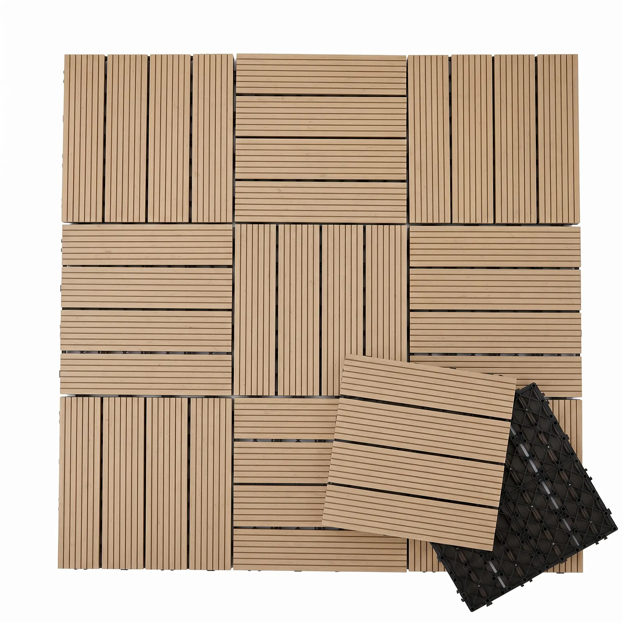 Interlinked WPC Deck Tiles 12" x 12" - 10 Pack Quick-Lock Composite Patio Flooring, Easy Installation, Durable for Outdoor, Balcony, Garden, Porch, Poolside, Walkways - Teak