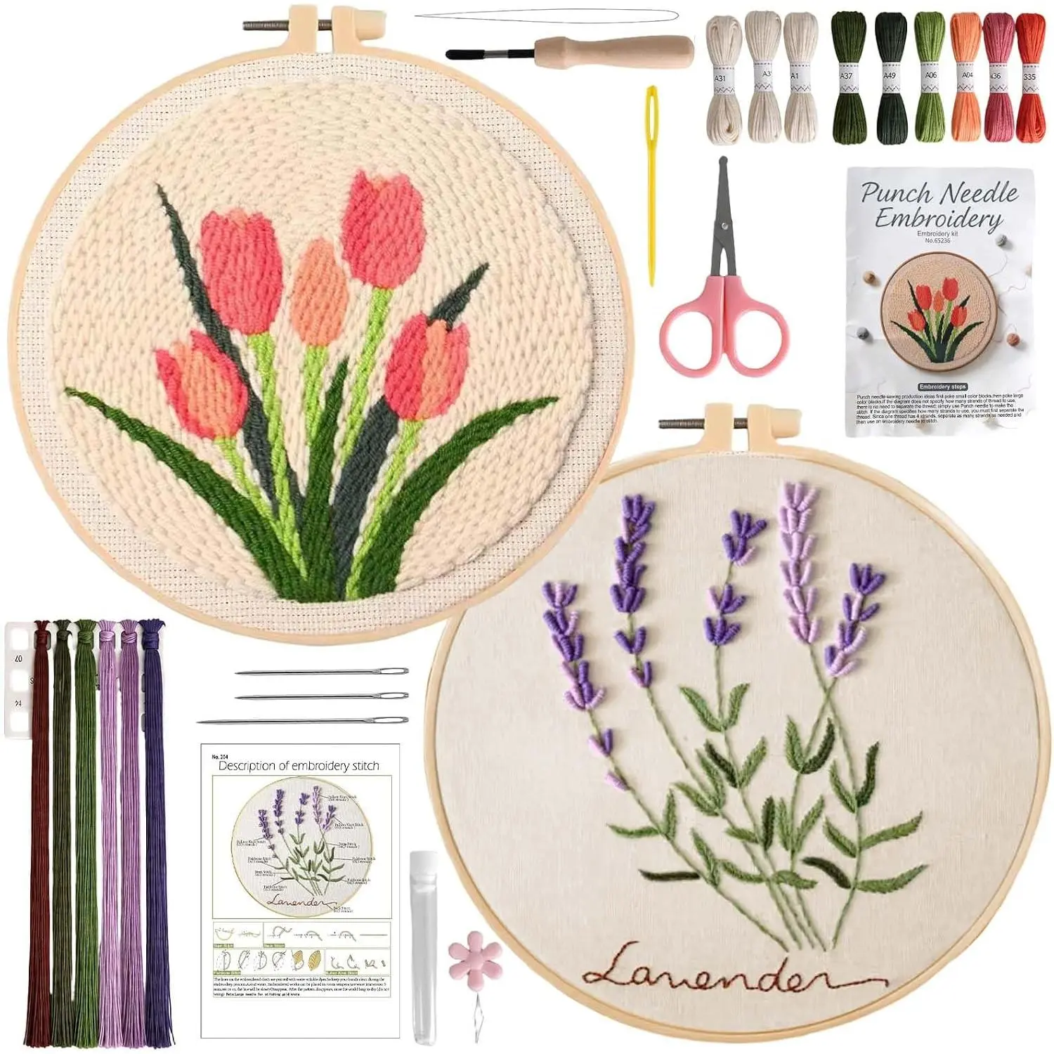 Punch  Kit and Embroidery Kit for Adult Beginners, DIY Craft | Easy Floral Patterns  & Lavender, Includes Video Tutorial and Complete Tools,  for Craft Lovers