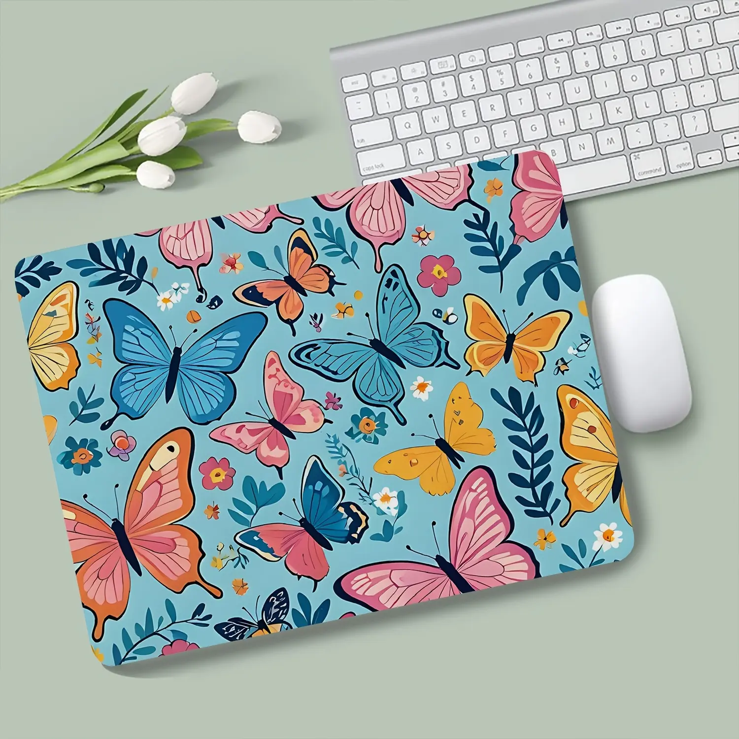 Anime Light Blue Butterfly Floral Pattern Mouse Pad for Desktop Protection,Suitable for Office And Gaming