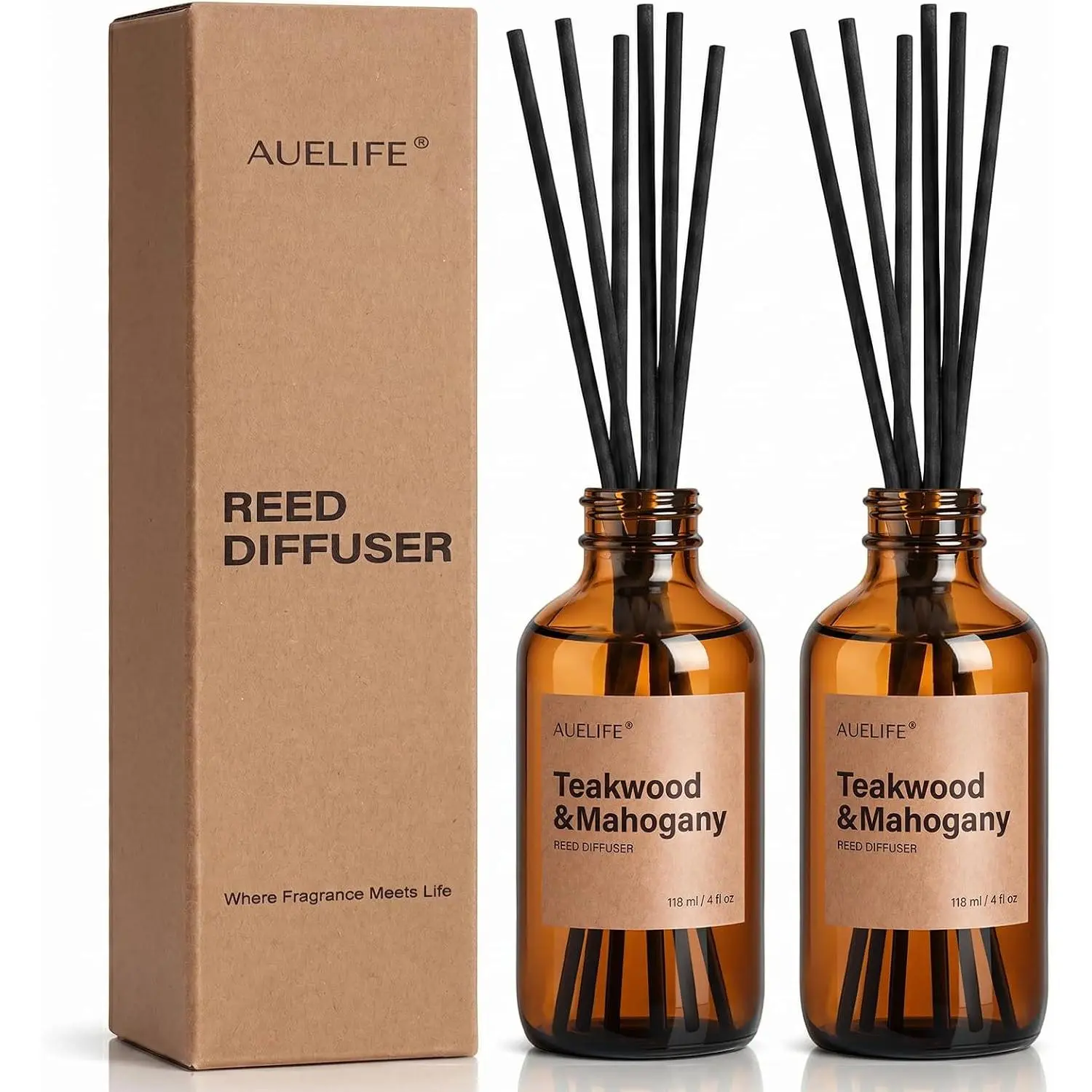 Auelife Reed Diffuser Set, Teakwood & Mahogany 2 Pack 8 Fl Oz Scented Diffuser with Fiber Sticks, Home Fragrance Reed Diffuser for Bathroom Decor, Bedroom, Office & Housewarming Gift