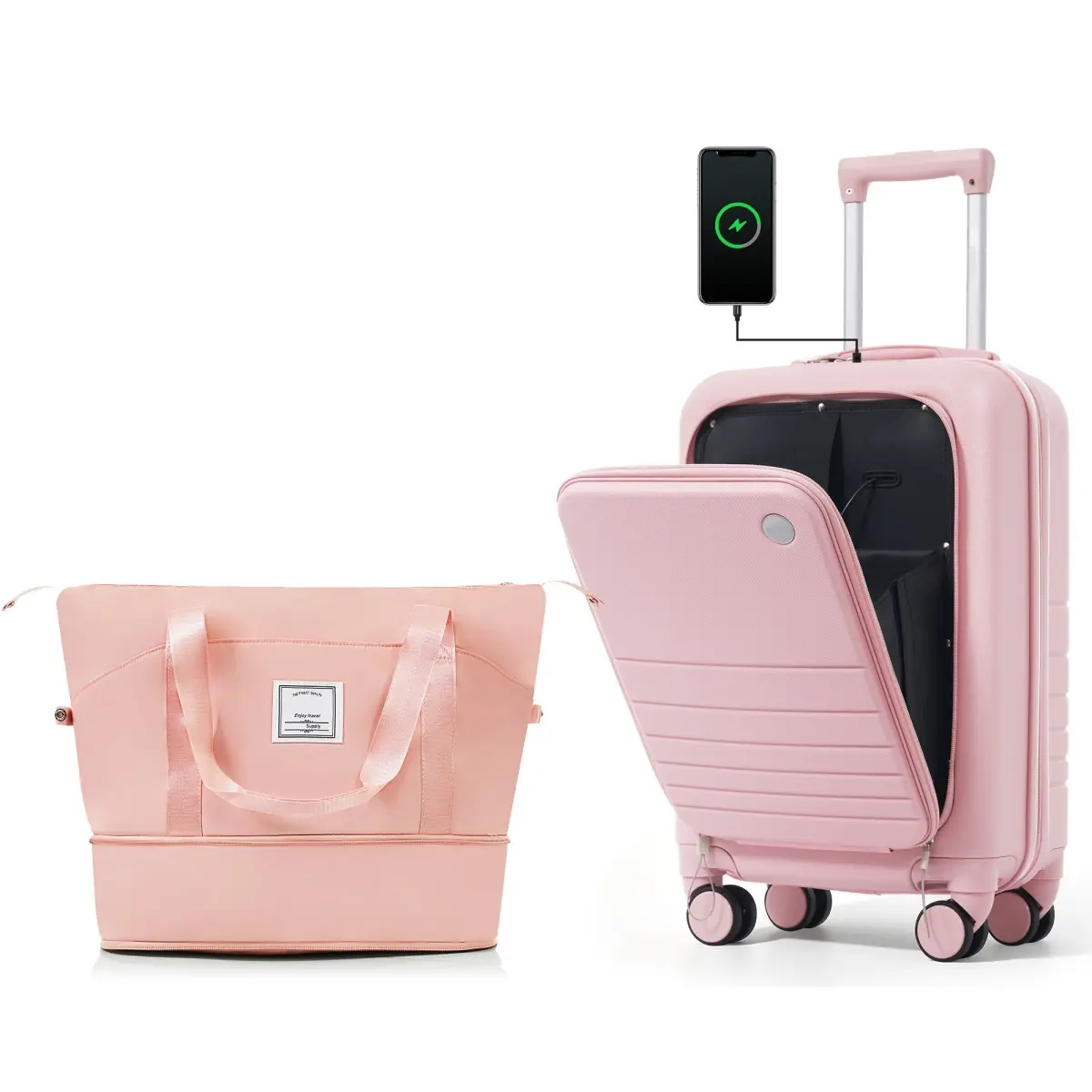 20-Inch Carry-On Luggage with USB, Expandable Travel Bag Set, Front Opening Hardside Luggage ABS Hard Shell Two-piece suitcase set with USB Port , Cup Holder, pink