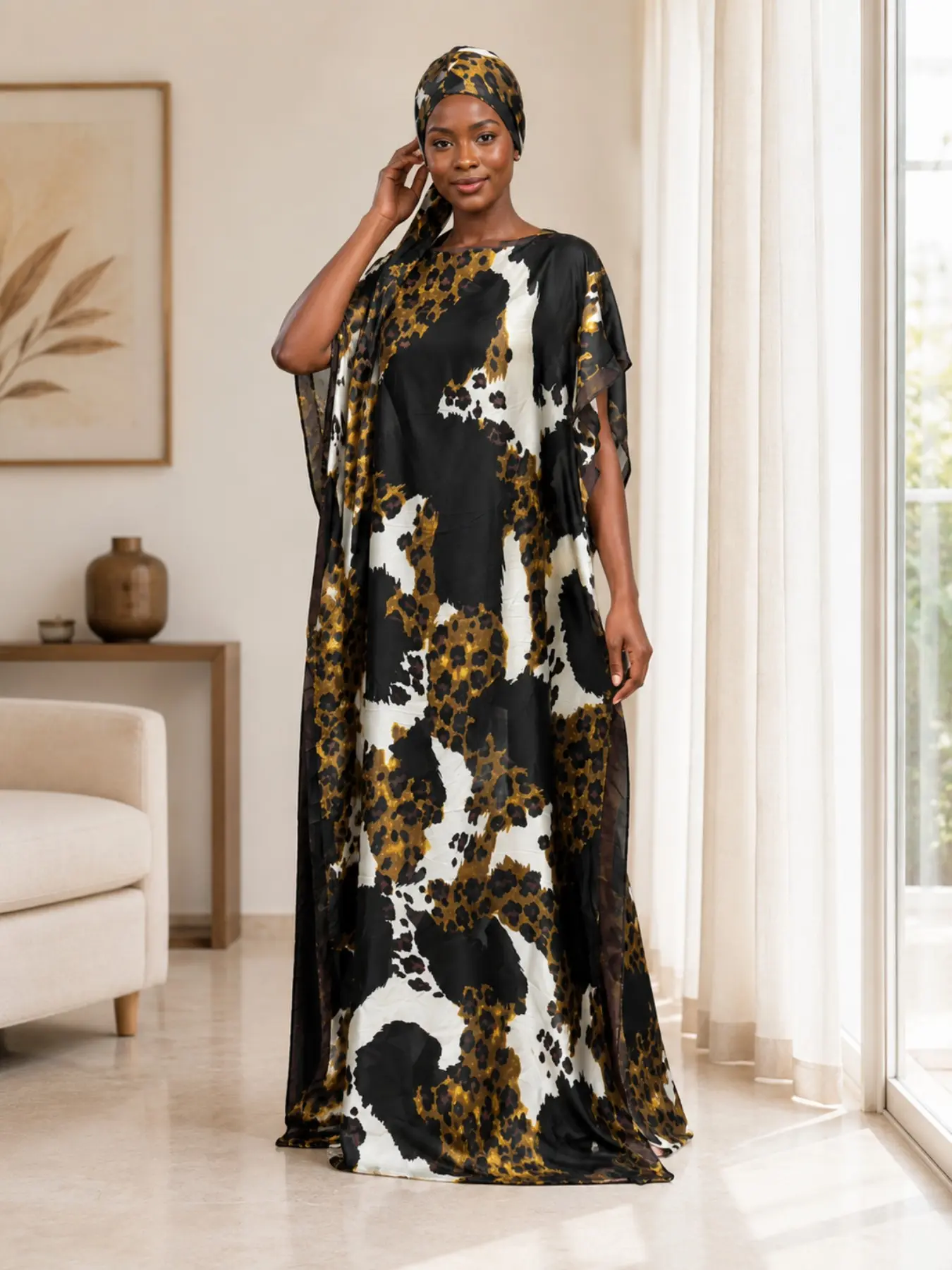 Plus Size Women 2 Piece Satin Caftan Maxi Dress Set, Black White Golden Abstract Leopard Print Wide Sleeve Loungewear Sleep Robe with Matching Head Scarf, Outfit for Home, Hotel and Beach Vacation