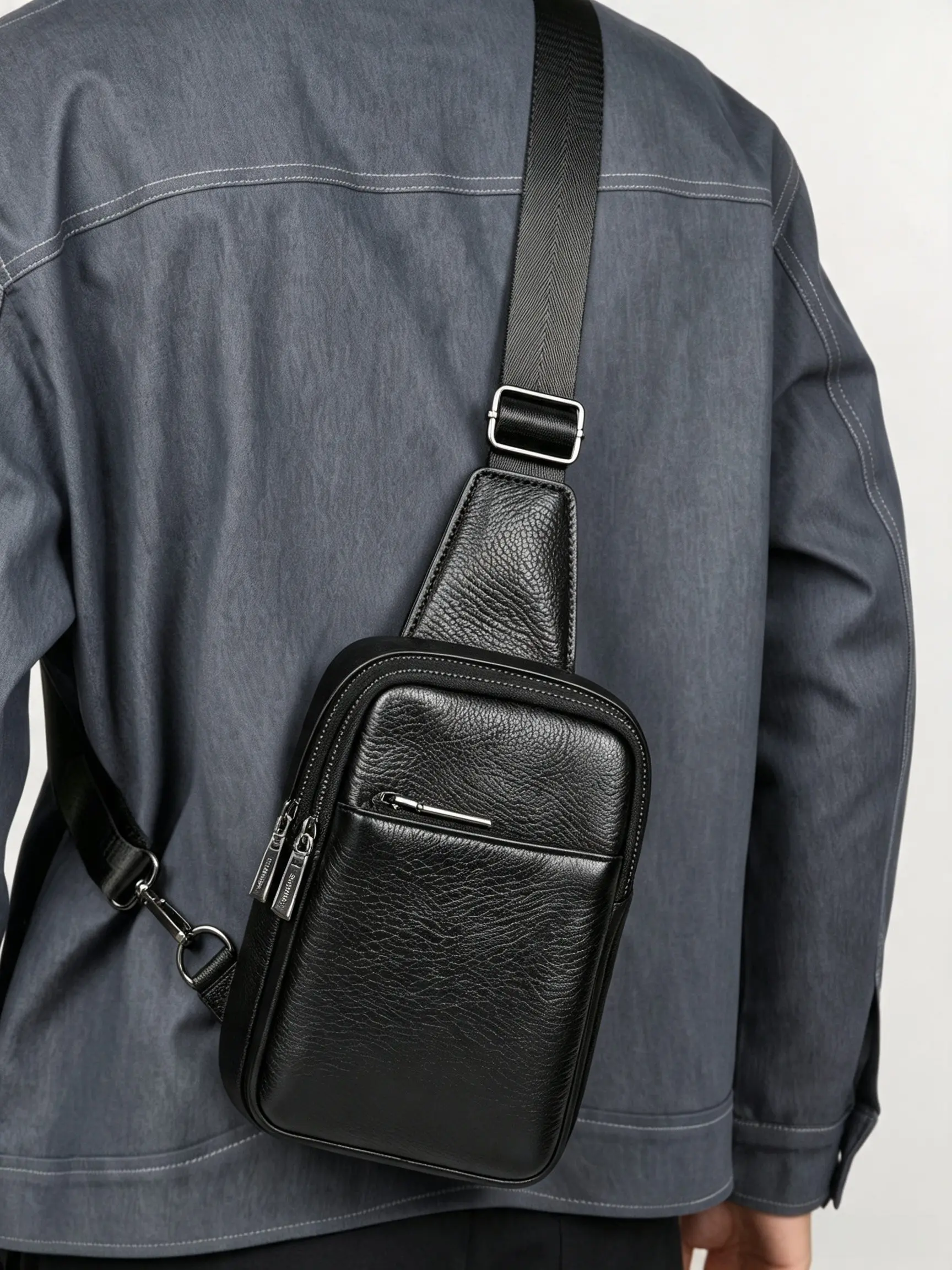 Men Top Grain Nappa Leather Chest Sling Bag, Versatile Bag, Multi Zipper Pockets Small Crossbody Shoulder Fanny Pack, Adjustable Strap Portable Cell Phone Wallet Bag, Lightweight Casual Daypack Travel Outdoor Bag, Ideal Birthday Holiday Gift For Men