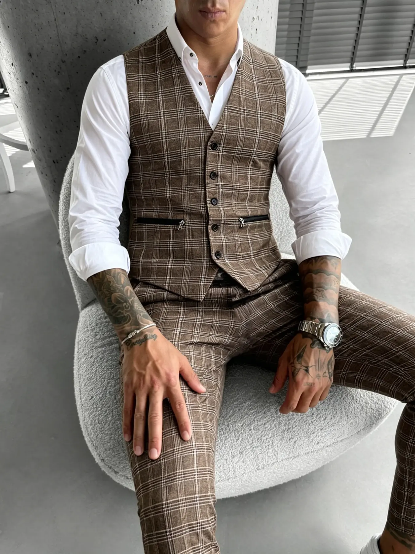 Men's Fashion Casual Tartan Blazer Vest and Pants Set, Suit Sets, Work Office Suit, Vintage Business Style, All Seasons Wear, Slim-Fitting, Plain Pattern