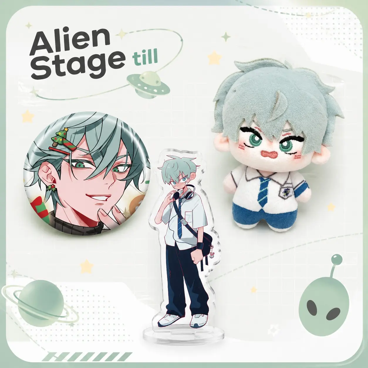 3-Piece Alien Stage Plush Set, 10cm Cute Anime Stuffed Toys, Includes Plushie, Badge, Stand, Soft Touch, Birthday Gift, Room Decor, Cute Collectible