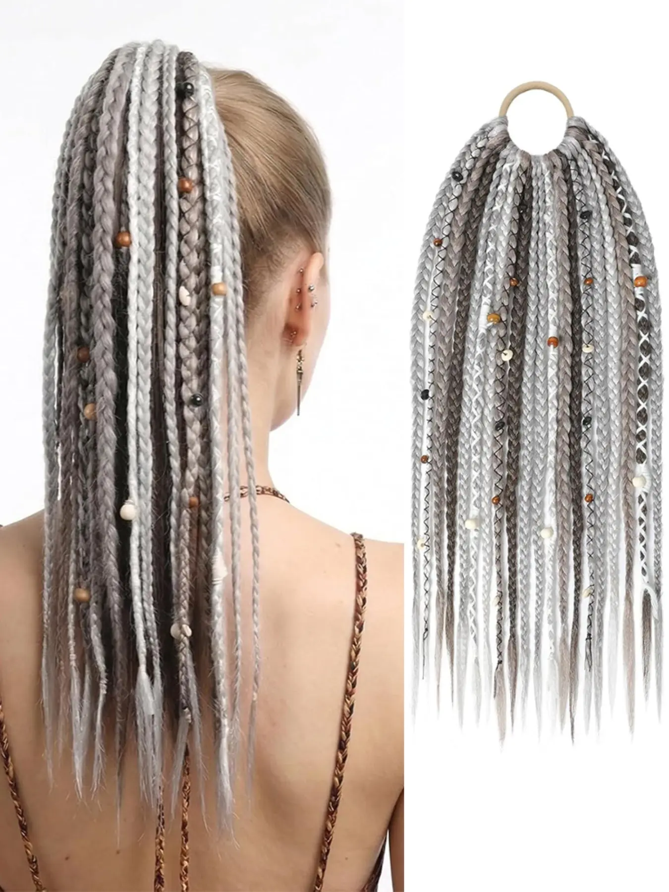 16 Inch Lightweight Boho Braided Dreadlock Ponytail Extension, Hair Extensions Ponytail, Viking Style Braid with Hair Tie, Beads Shells Decor, Festival Hair Accessory