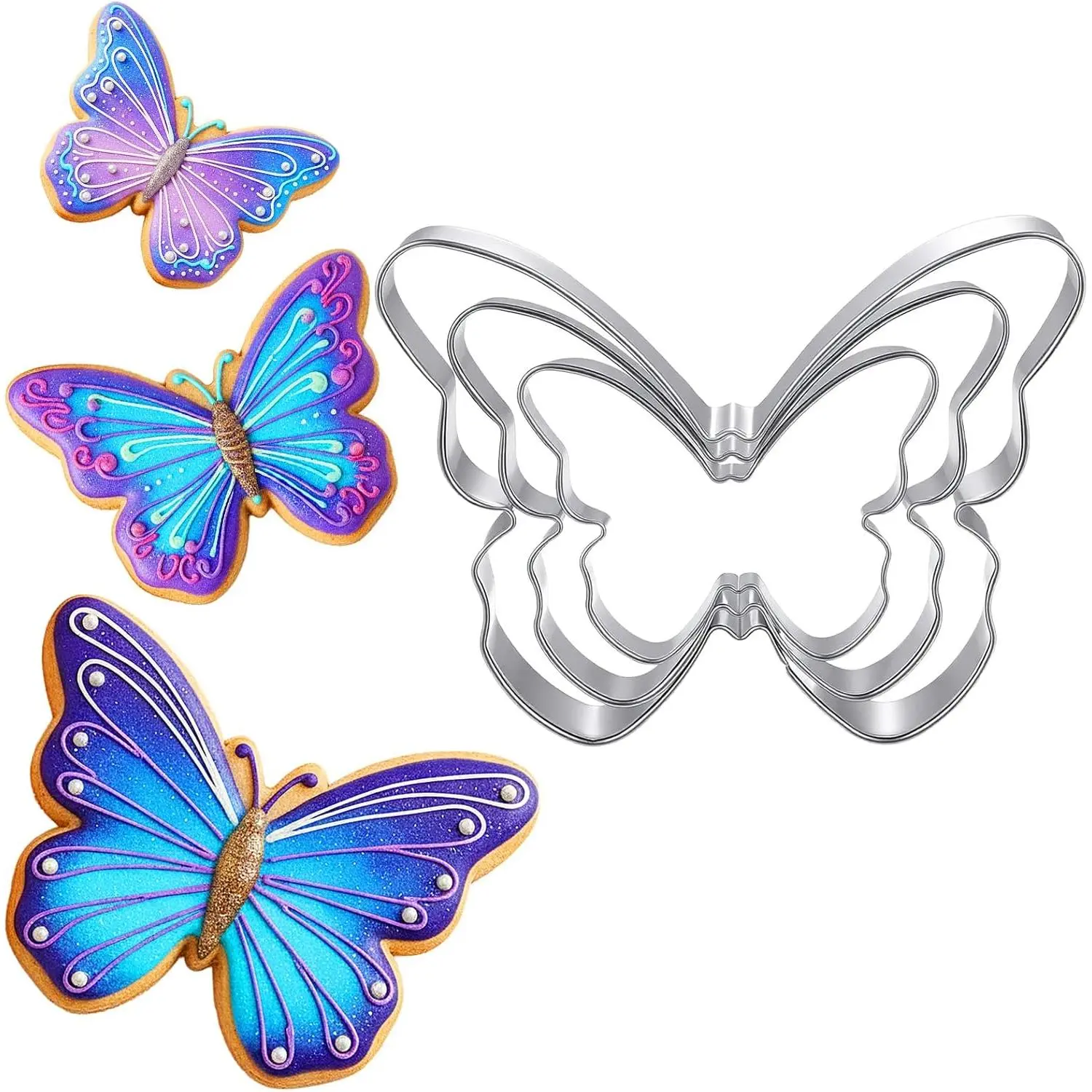 3 count Butterfly Cookie  Set, Stainless Steel Butterflies Shaped Baking Molds, Sandwich , Butterfly Fondant Biscuit Cutters for Biscuit, DIY Cake Craft, Pastry Decoration (3 Sizes)