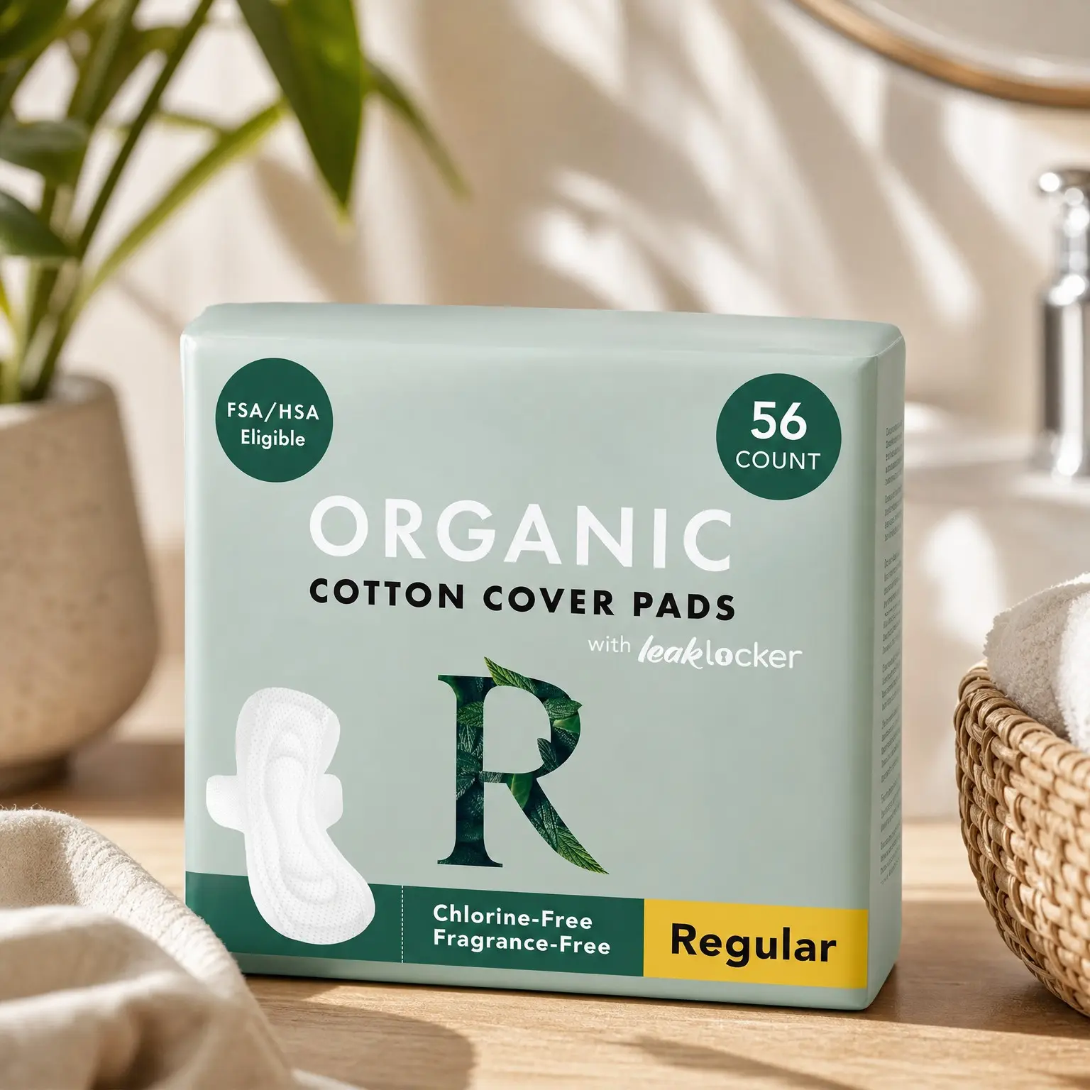Organic Cotton Cover Ultra Thin Sanitary Pads with Wings, Regular Absorbency, Unscented, Chlorine Free, 56 Count, Feminine Care Period Essentials