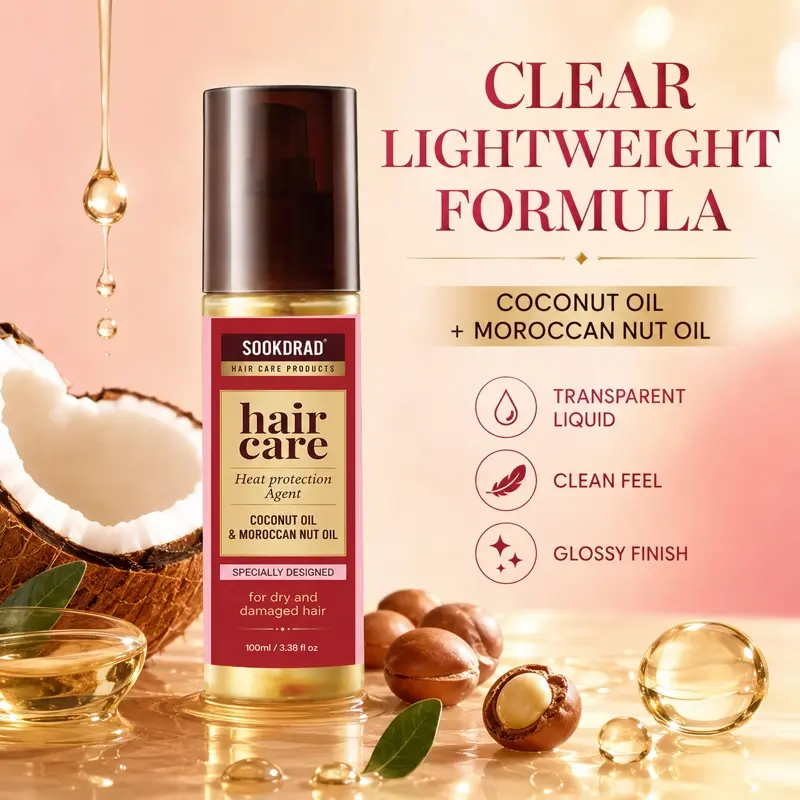 heat protection agent, coconut oil, moroccan nut oil, suitable for dry and damaged hair, 3.38 fl oz, 100ml