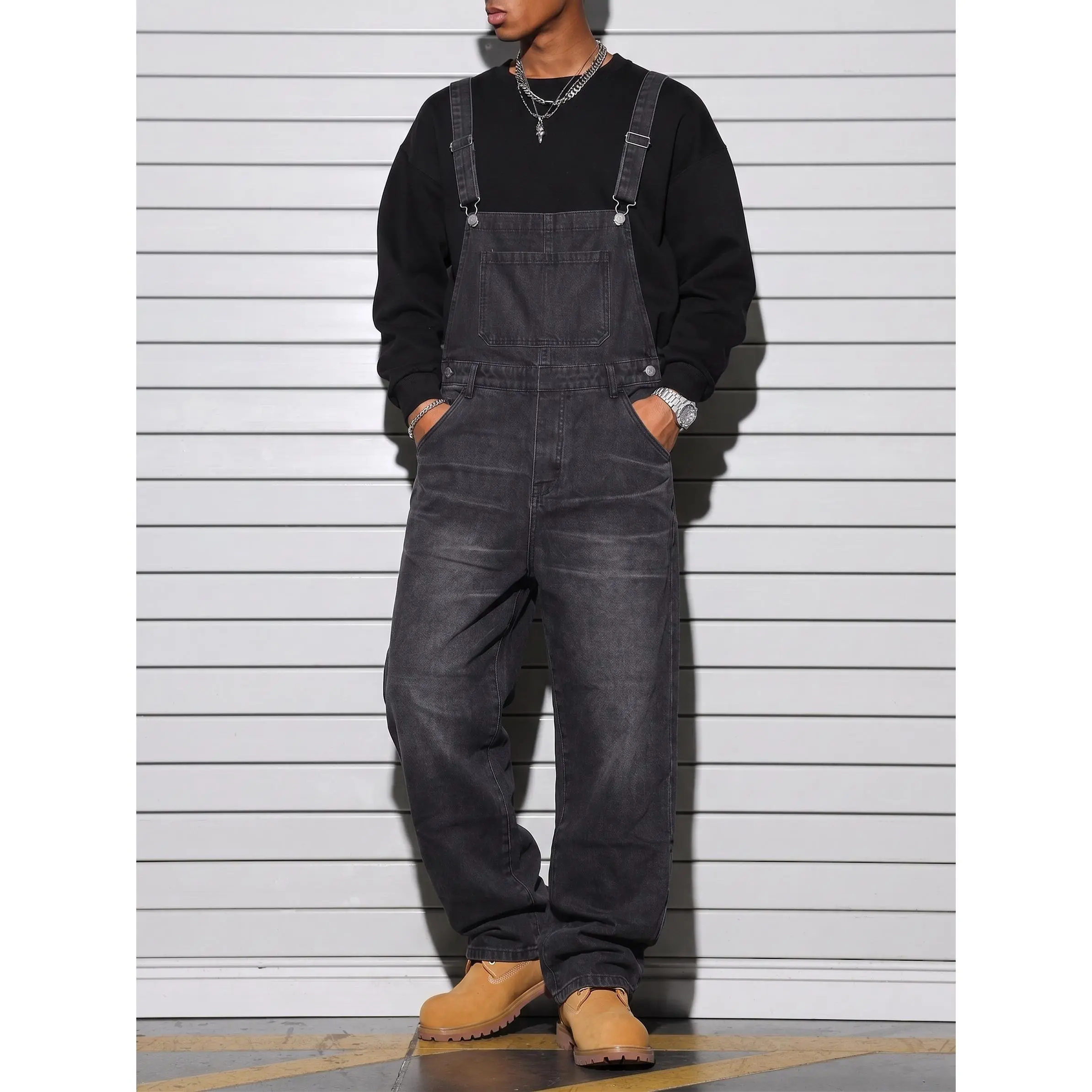 Men's Washed Black Denim Overalls,Vintage Wide Leg Whiskered Dungarees,Y2K Loose Fit Casual Jumpsuit,american overalls men