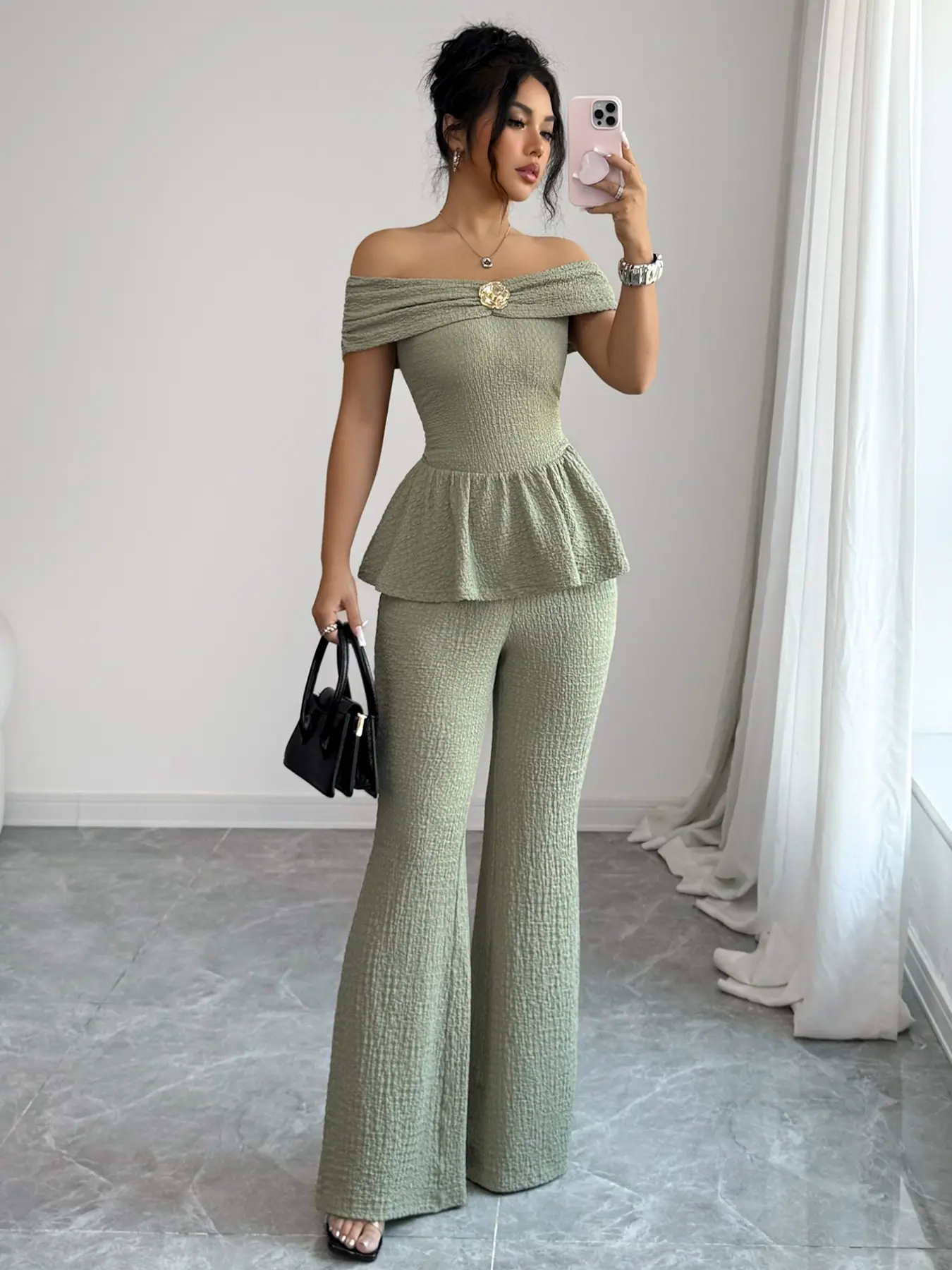 Women's One-Shoulder Set with Metal Buttons, Ruffled Hem Slim-Fit Top and High-Waist Flare Pants, Elegant Evening