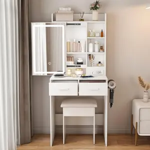 Small Vanity Desk with Mirror and Lights, Makeup Vanity Table with Power Outlet & 2 Drawers & 6 Shelves & Stool,Dressing Table Set for Bedroom, Brightness Adjustable, White