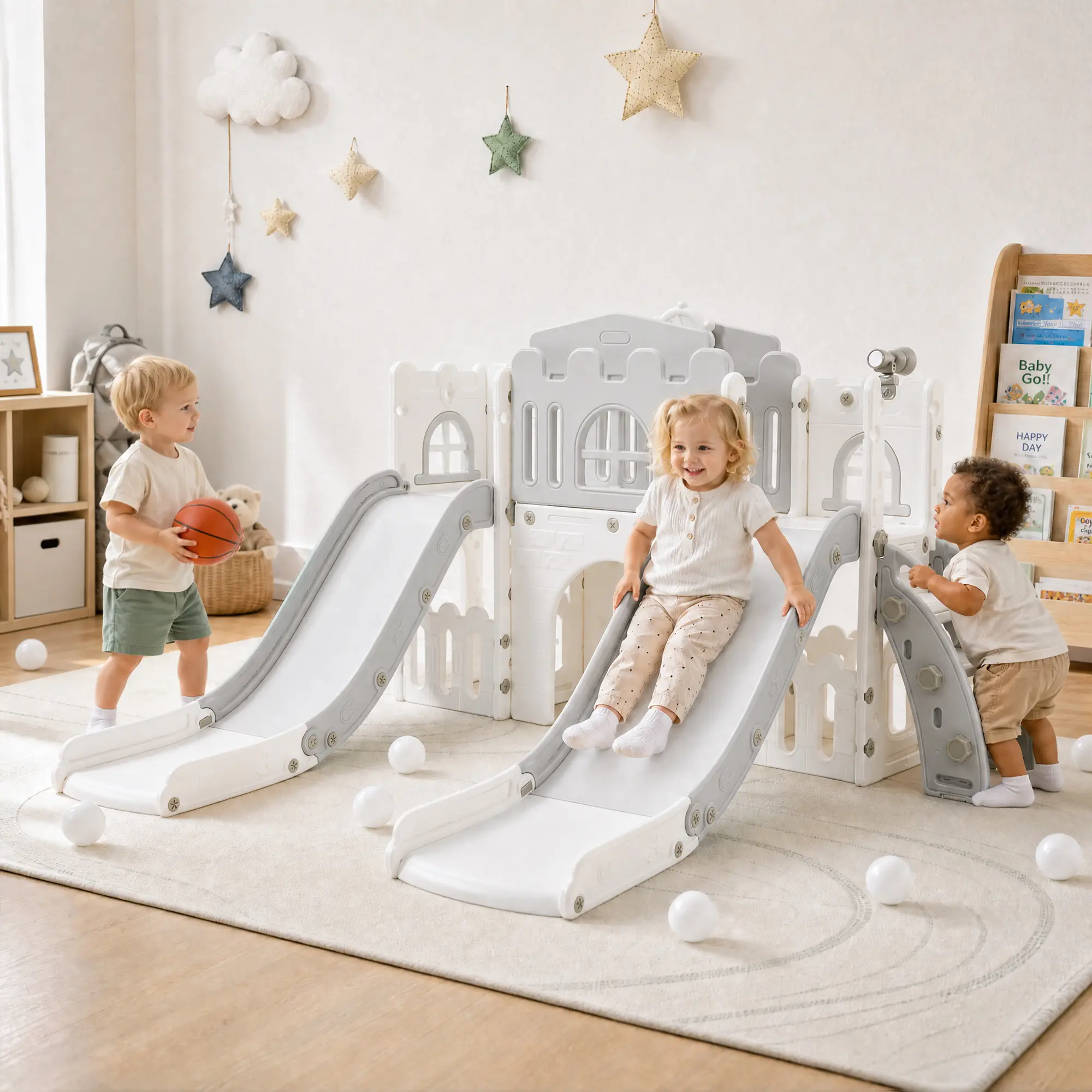 10 in 1 Toddler Slide Set - Climber, Basketball Hoop, Crawl Tunnel, Telescope and Storage Space - Kids Indoor Outdoor Playground Playset with Extra Long Slide - Sturdy HDPE Playset summerwins