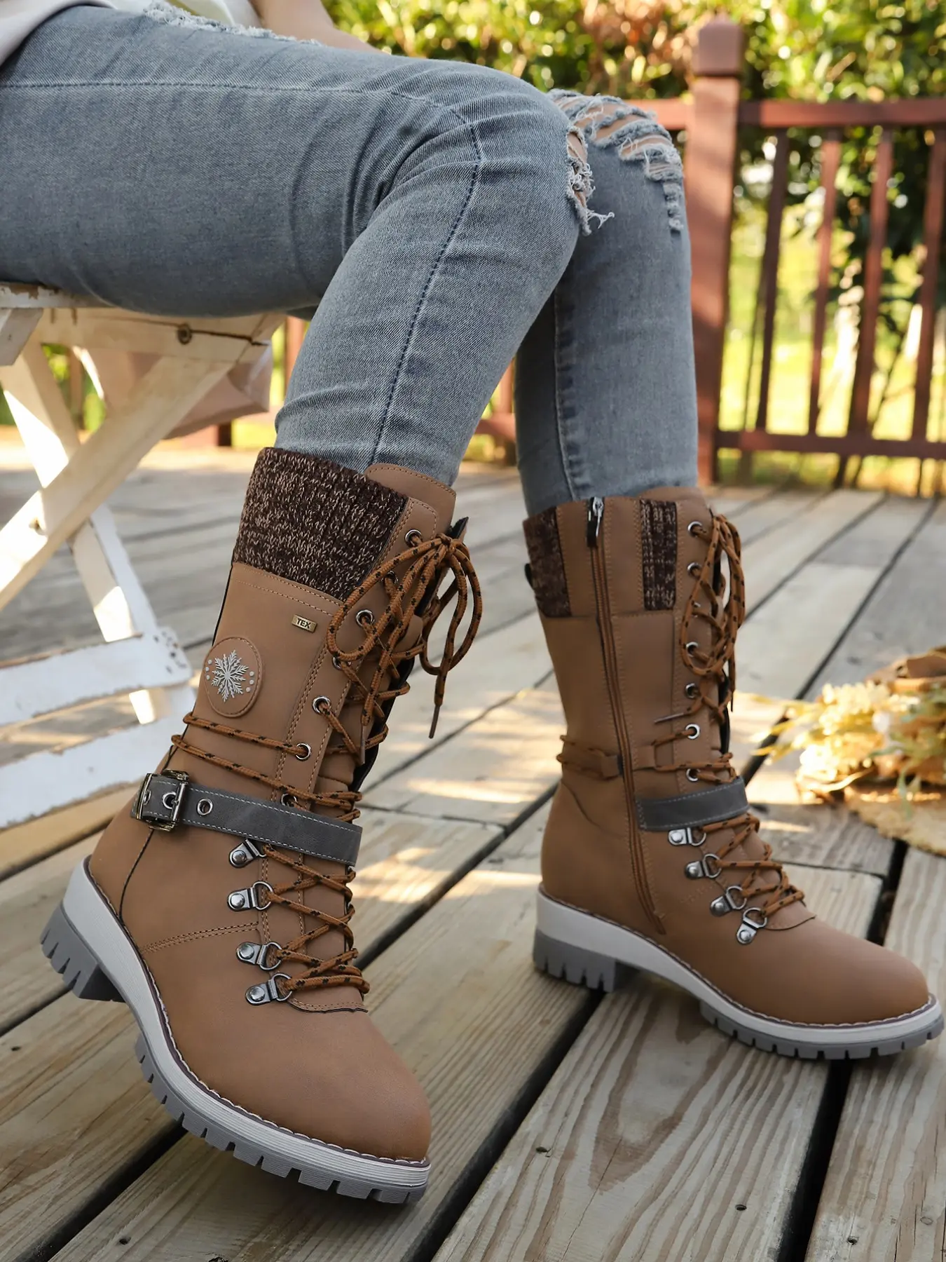 Women's Outdoor Anti-Slip Enhanced Grip Thick Rubber Sole Mid-Calf Boots, Plain Pattern, Lace-Up Buckle Design, Warm and Comfortable, Casual Everyday Shoes