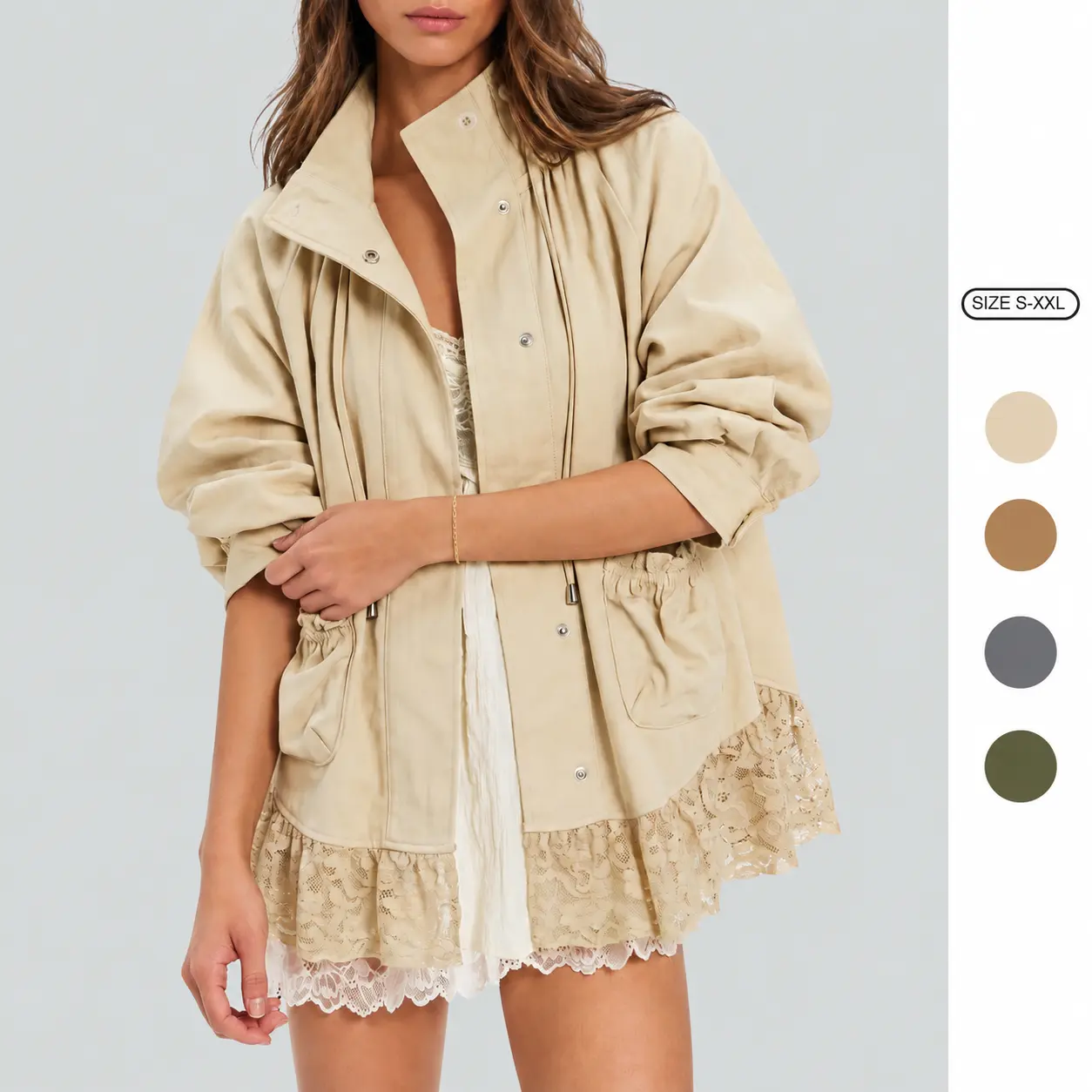 Imily Bela Women’s Casual Lace Hem Utility Jacket Stand Collar Drawstring Snap Button Oversized Coat with Pockets Lightweight Fall Outwear
