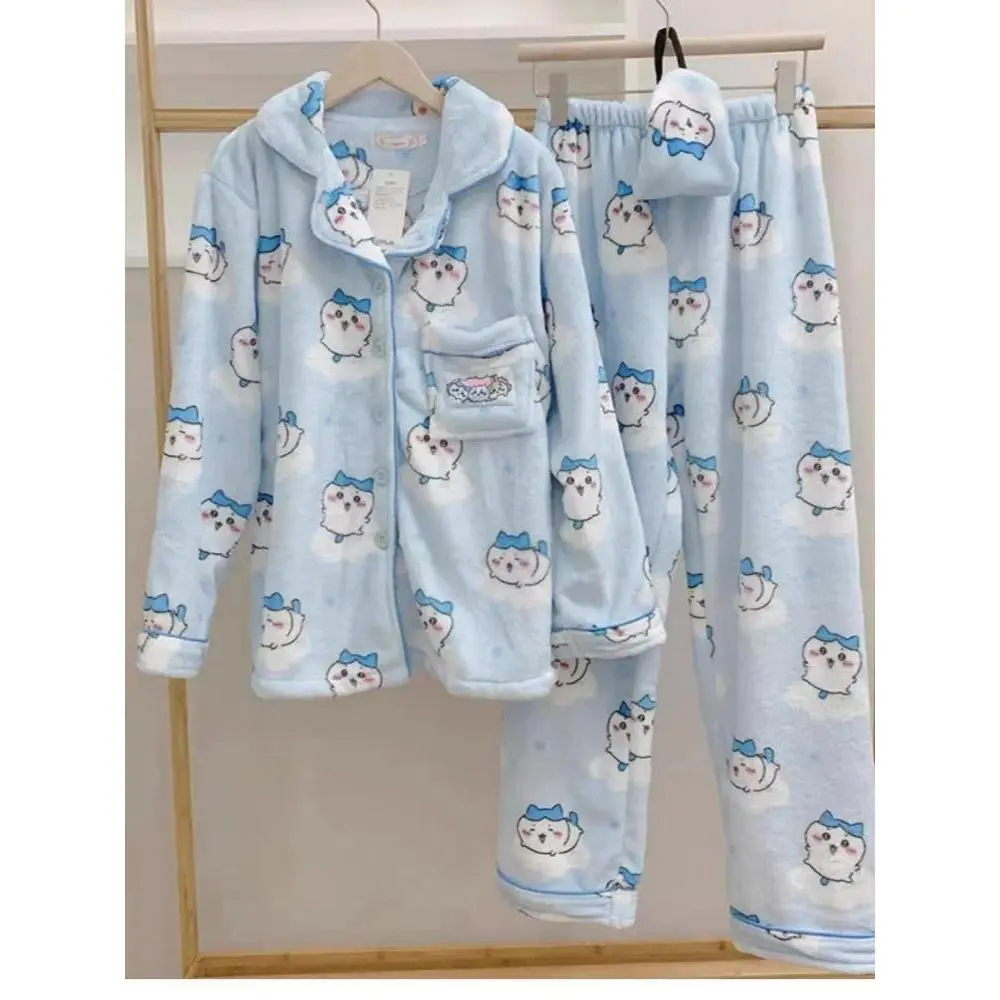 Cute Chiikawa Hachiware Pajamas Set Anime Cartoon  Flannel Sleepwear Pants Y2K Winter Warm Pajama Home Clothes Christmas Gift, Pajama Set, Pyjamas
