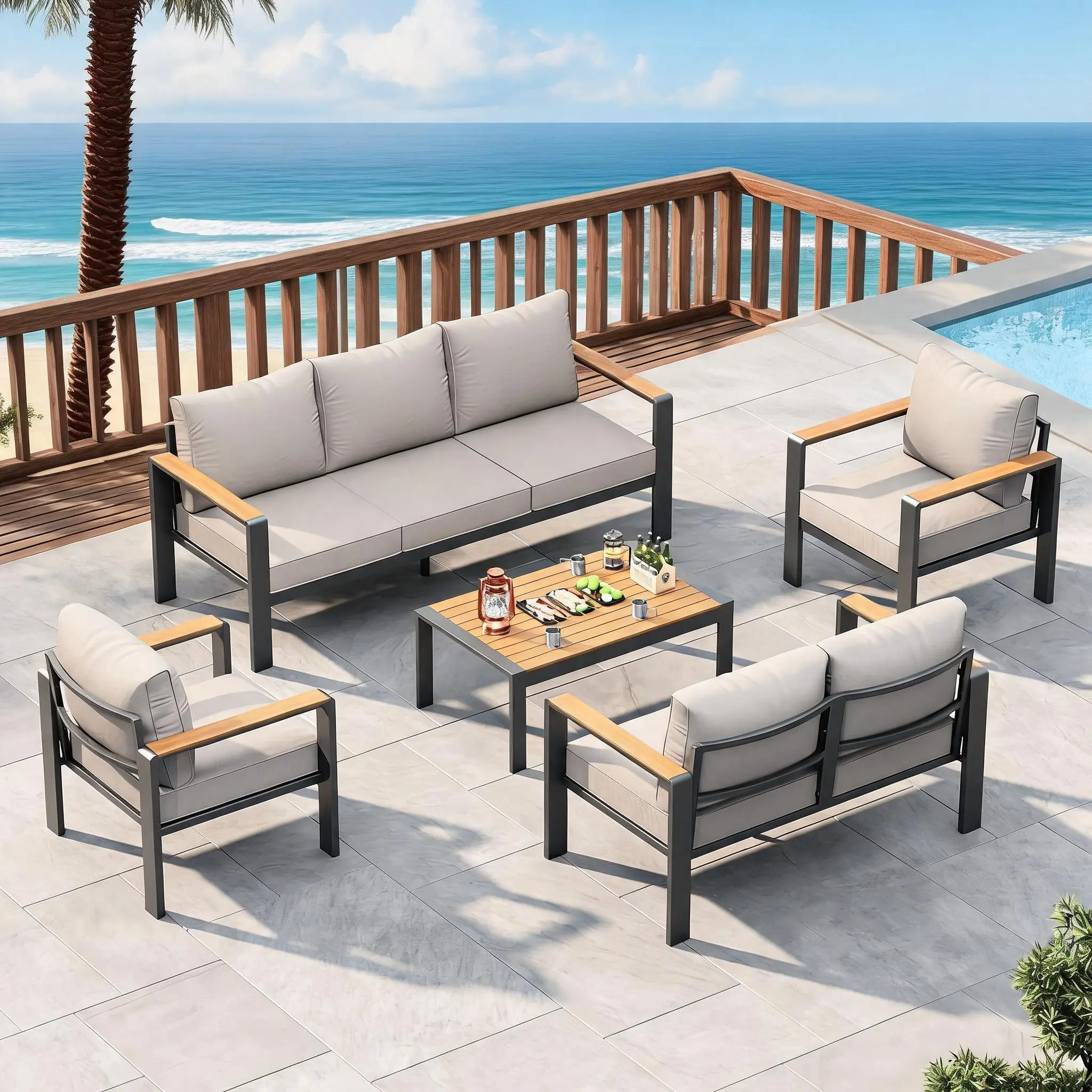 7-Seat Aluminum Patio Furniture Set, 5-Piece Outdoor Sectional Sofa with 5" Thick Cushions, 4" Armrests & Coffee Table for Garden, Deck, Backyard