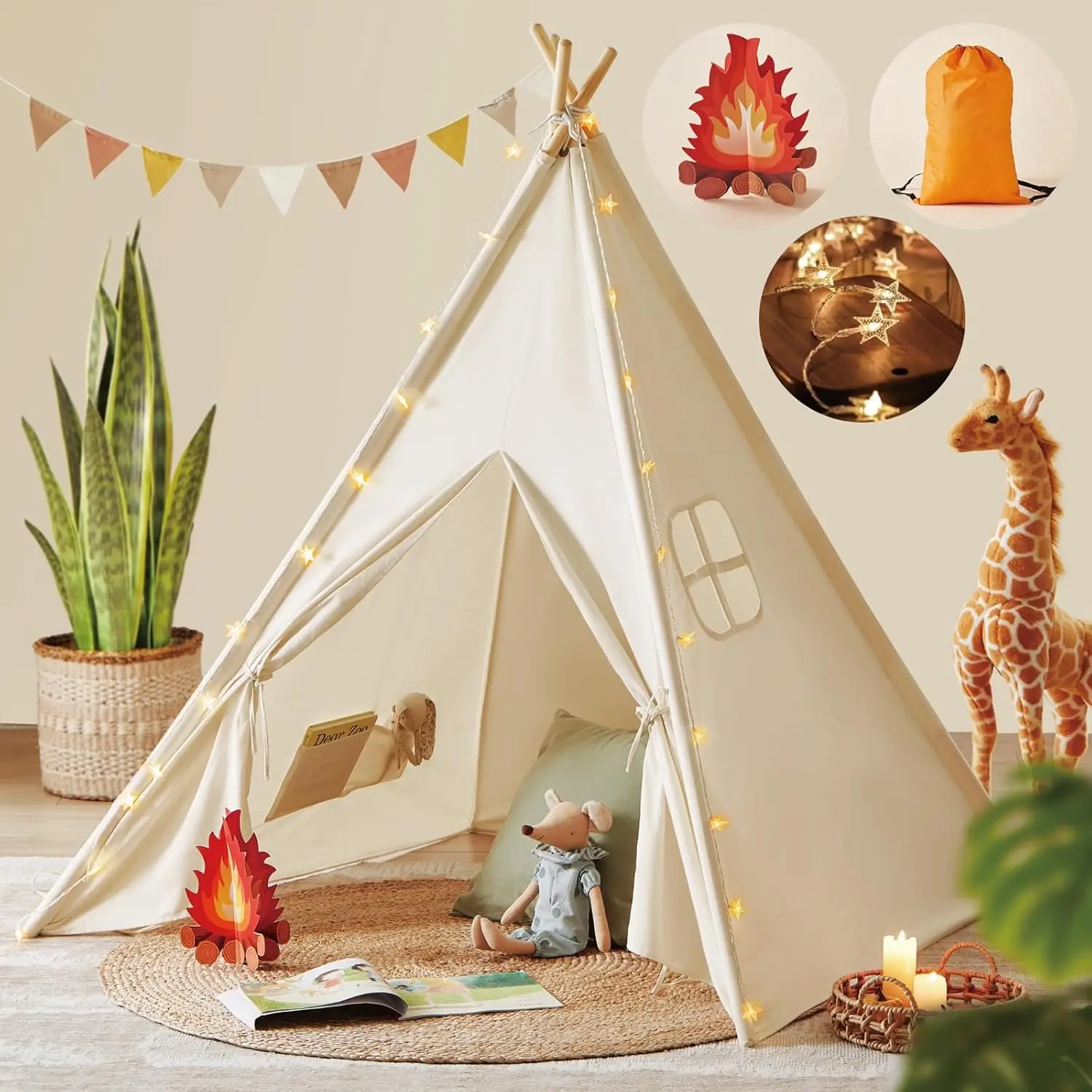 Teepee Tent for Kids with Star Lights & Campfire Toy | Poly-Cotton Blend Fabric, Machine Washable, Foldable Design, Indoor & Outdoor Play Tent, Gift for Girls & Boys