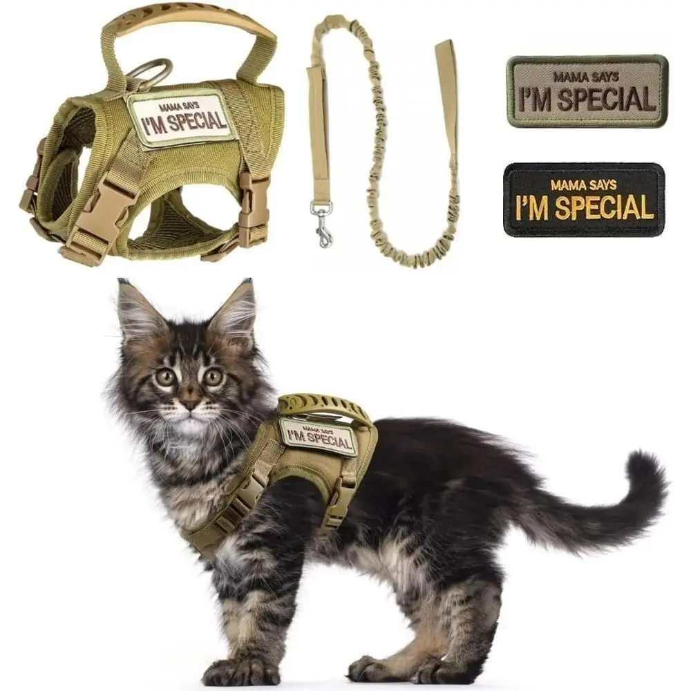 Tactical Harness and Hands-Free Leash Set for Small Dogs & Cats, Reflective Escape-Proof Oxford & Mesh Vest with Adjustable No-Pull 3-Point Design, Durable Reflective Harness, Leash Combo, No Choke Harness