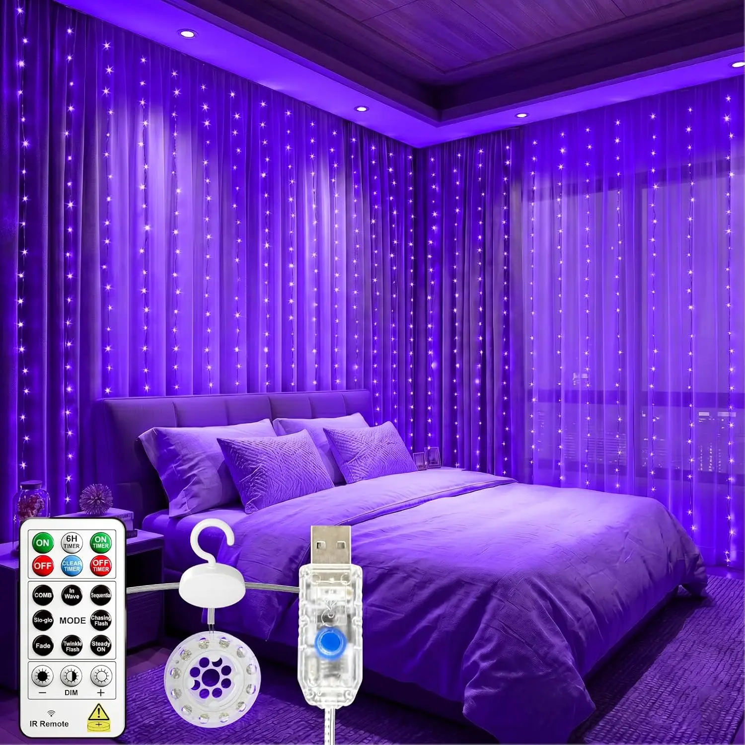 300LED Untangled Curtain Lights, 9.8x9.8Ft USB Fairy Twinkle String Lights with Remote and DIY Timer, 8 Modes Window Wall  Light for Bedroom Dorm Backdrop Room Decor,