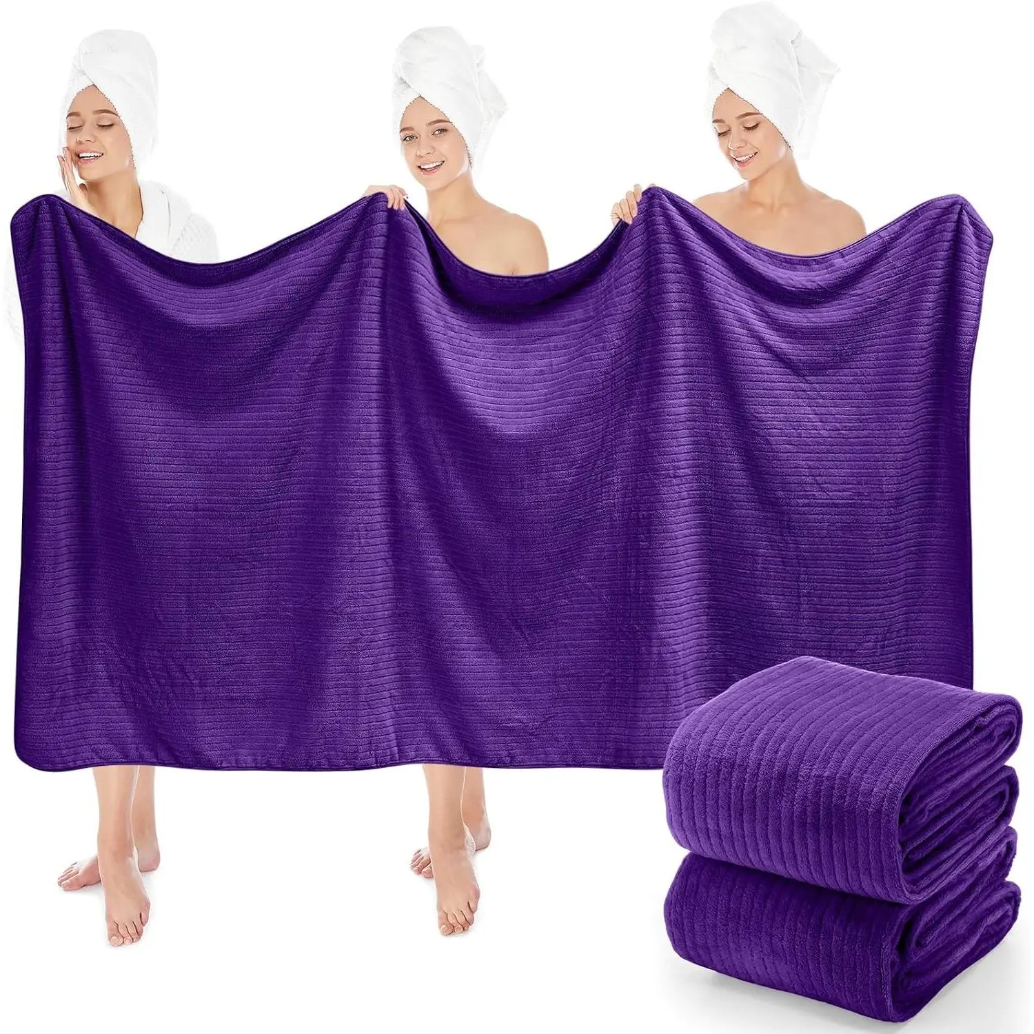 2 Pcs Bath Sheets 40'' x 80'', Oversized Extra Large Bathroom Towel Giant XL Coral Fleece Beach Sheets Jumbo Quick Dry Absorbent with Hanging Loop for Pool, Home, Hotel (Purple)