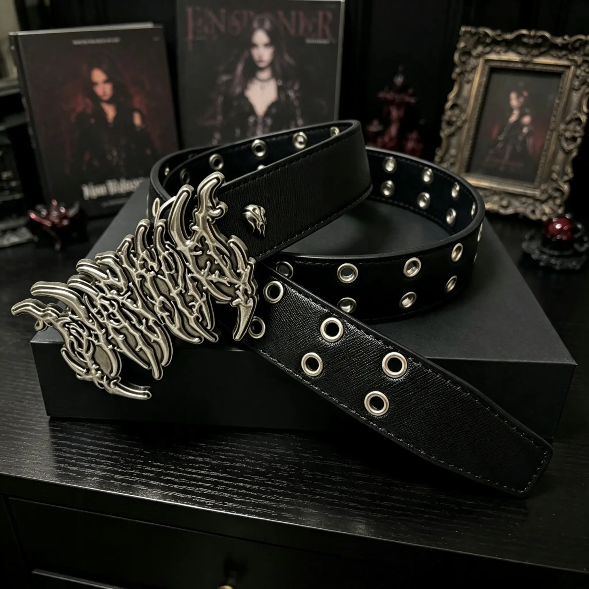 Unisex Dark Flame Heavy Duty PU Leather Belt, Large Metal Buckle - Double Rows Grommets, Gothic Punk Hip-Hop Waist Strap for Alt Outfits, Jeans