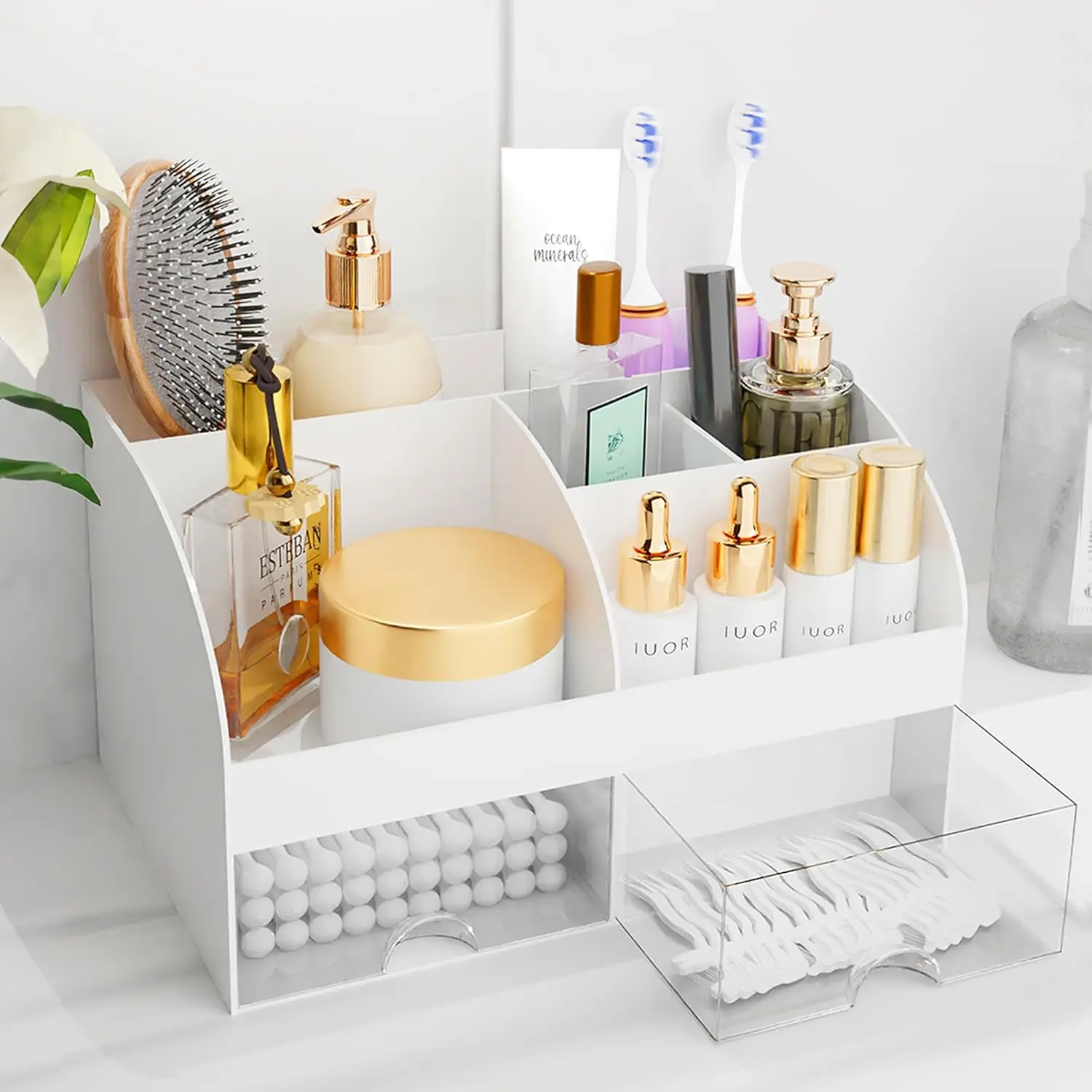 Smooth Small-Size Eco-Friendly ABS Plastic Transparent White Desk Organizer with 6 Sections & Drawers - Office Stationery Holder for Makeup, Lipstick, Brush, Skincare - Fits Dresser or Bathroom Countertop