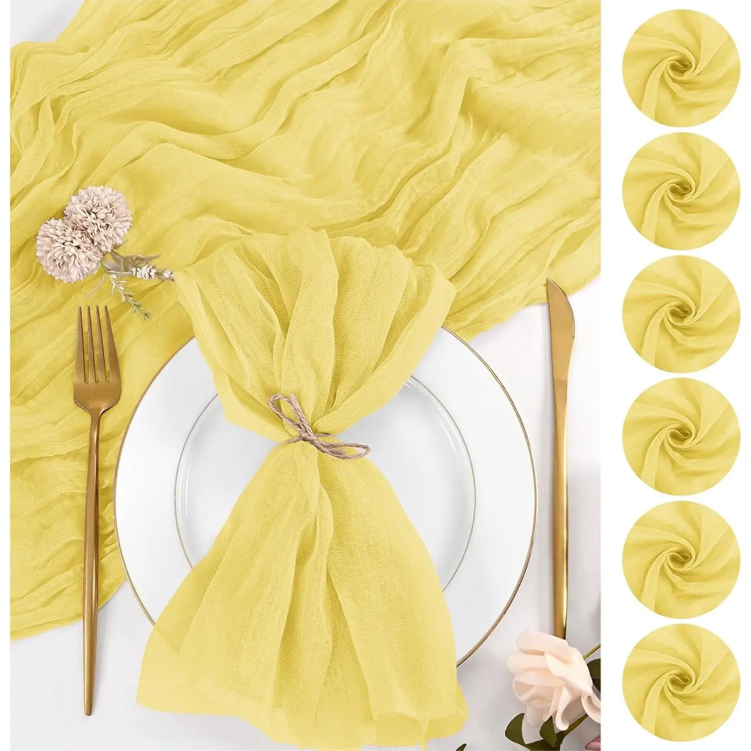 Cloth Napkins Set of 12, 20x20 Inch Yellow Cheesecloth Gauze Dinner Napkins, Rustic Boho Washable Elegant Table Napkins for Wedding Party Bridal Baby Shower Table Decor