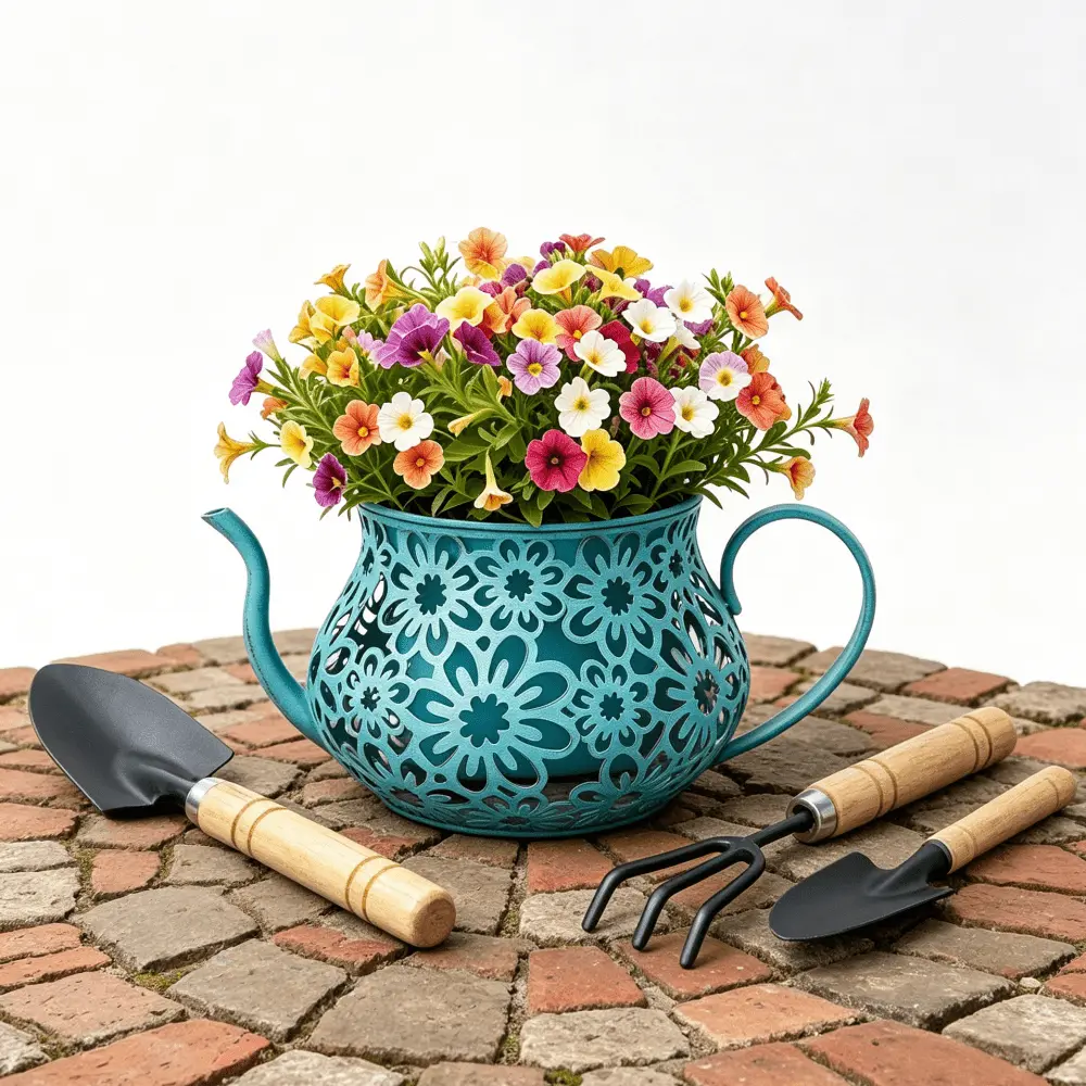 [PABHAN] Vintage Metal Teapot-Shaped Decorative Planter Set with 3 Gardening Tools, Openwork Carved, for Home & Garden Decor, Ideal for Indoor & Balcony Succulents & Herbs, Festive Gardening Gift