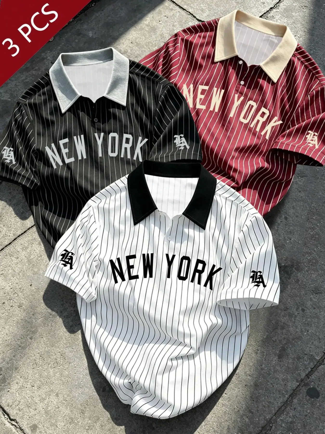 3-Pack Men's Summer Retro Vintage Classic New York Print Striped Polo Shirts, Loose Fit Contrast Collar Short Sleeve, Casual Baseball Style Top