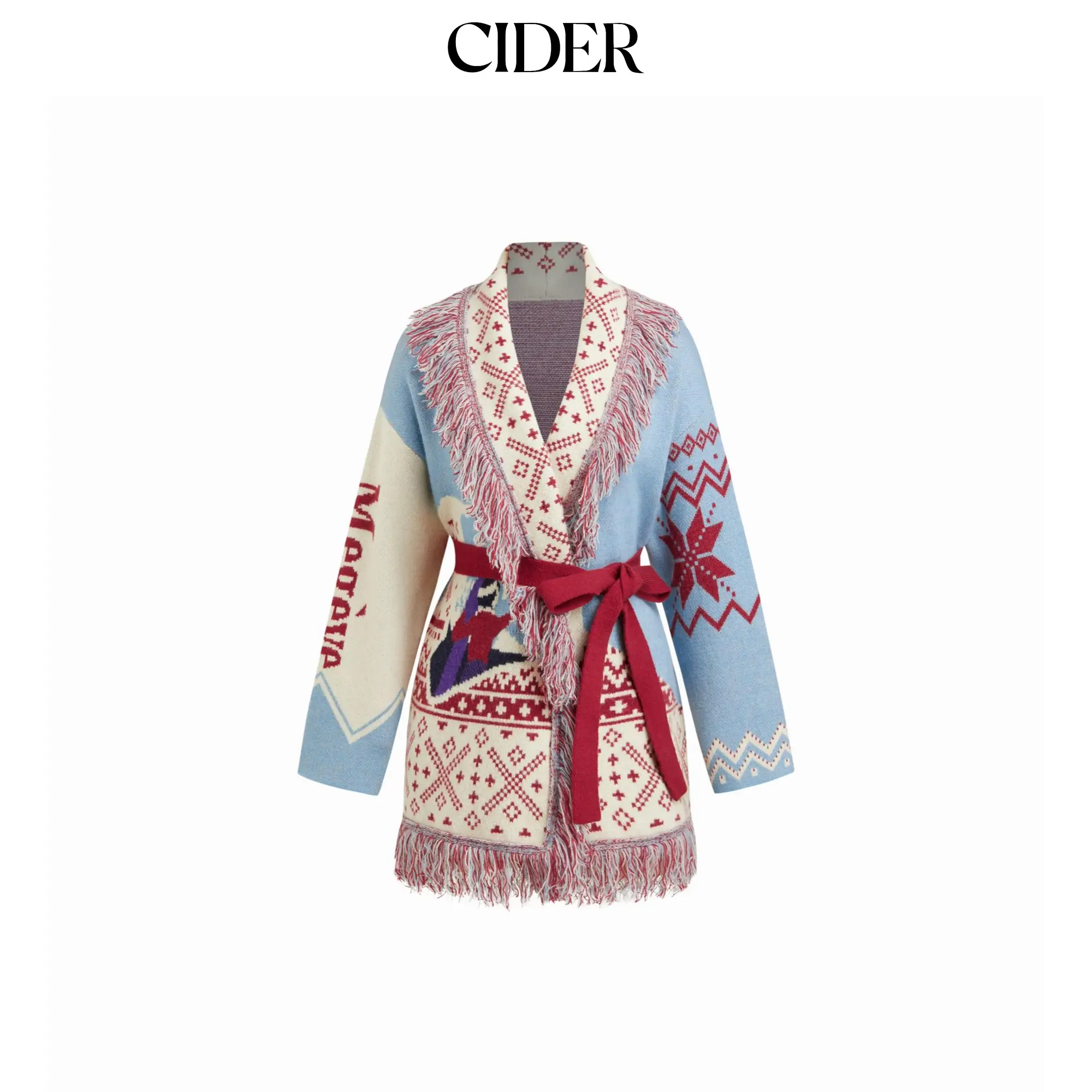 Cider Knit Collar Pattern Colorblock Tassel Oversized Cardigan With Belt