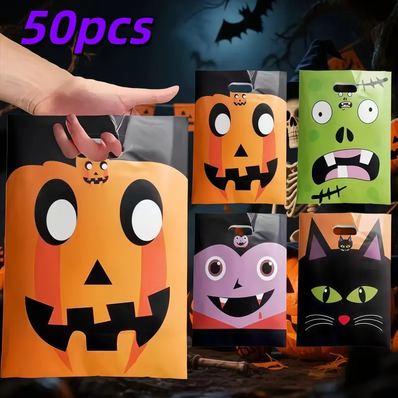 50 Halloween Handbags, Cute Ghost Prints, Durable Thick Material, Portable Handle Design, Candy Toys Storage, Party Gift Packaging