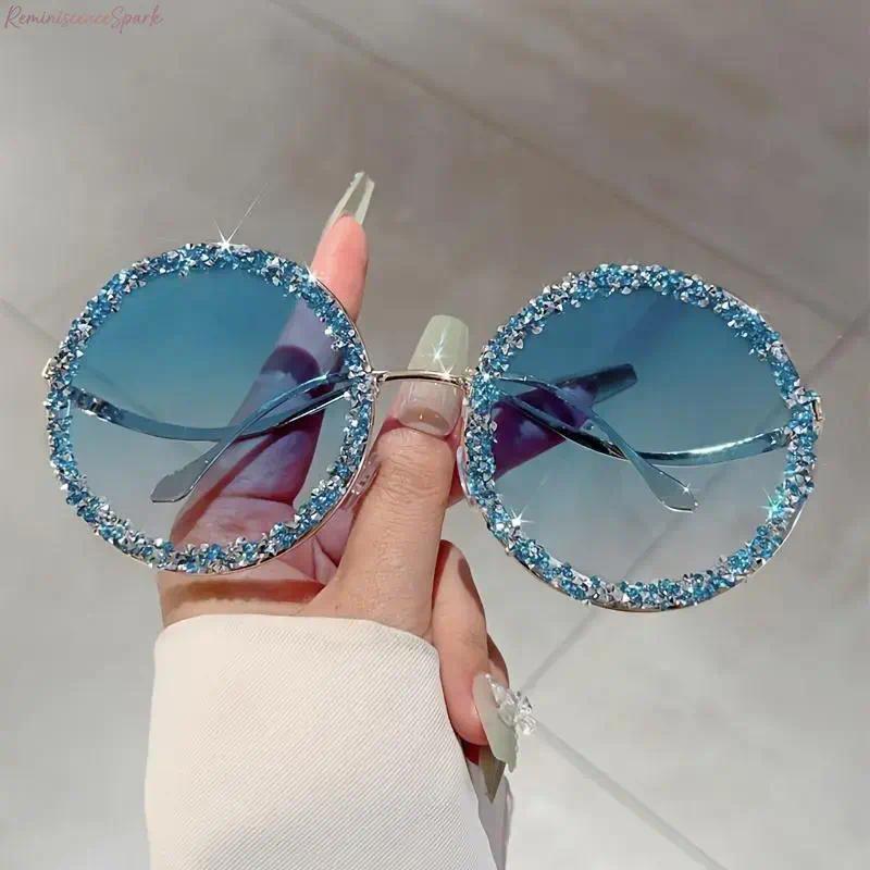 2-Pack Unisex Oversized Round Glasses with Vibrant Crystal Embellishments, Lightweight Metal Frames, Trendy Street Style Eyewear Ideal for Parties, Beach Vacations & Night Outs 2-Pack Unisex Oversized Round Glasses with Vibrant Crystal Embellishments, Lightweight Metal Frames, Trendy Street Style Eyewear Ideal for Parties, Beach Vacations & Night Outs