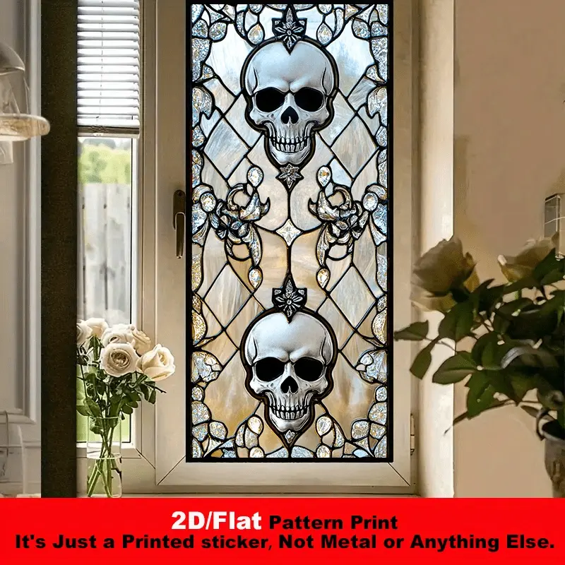 1pc 2D Flat, Glass Film Window Sticker - Matte Skull Art Style Glass Sticker, Gothic Pattern Decorative Style, Suitable for Study And Entrance Windows, 17.72×39.37inch. Electrostatic Adsorption Translucent Window Film Sticker
