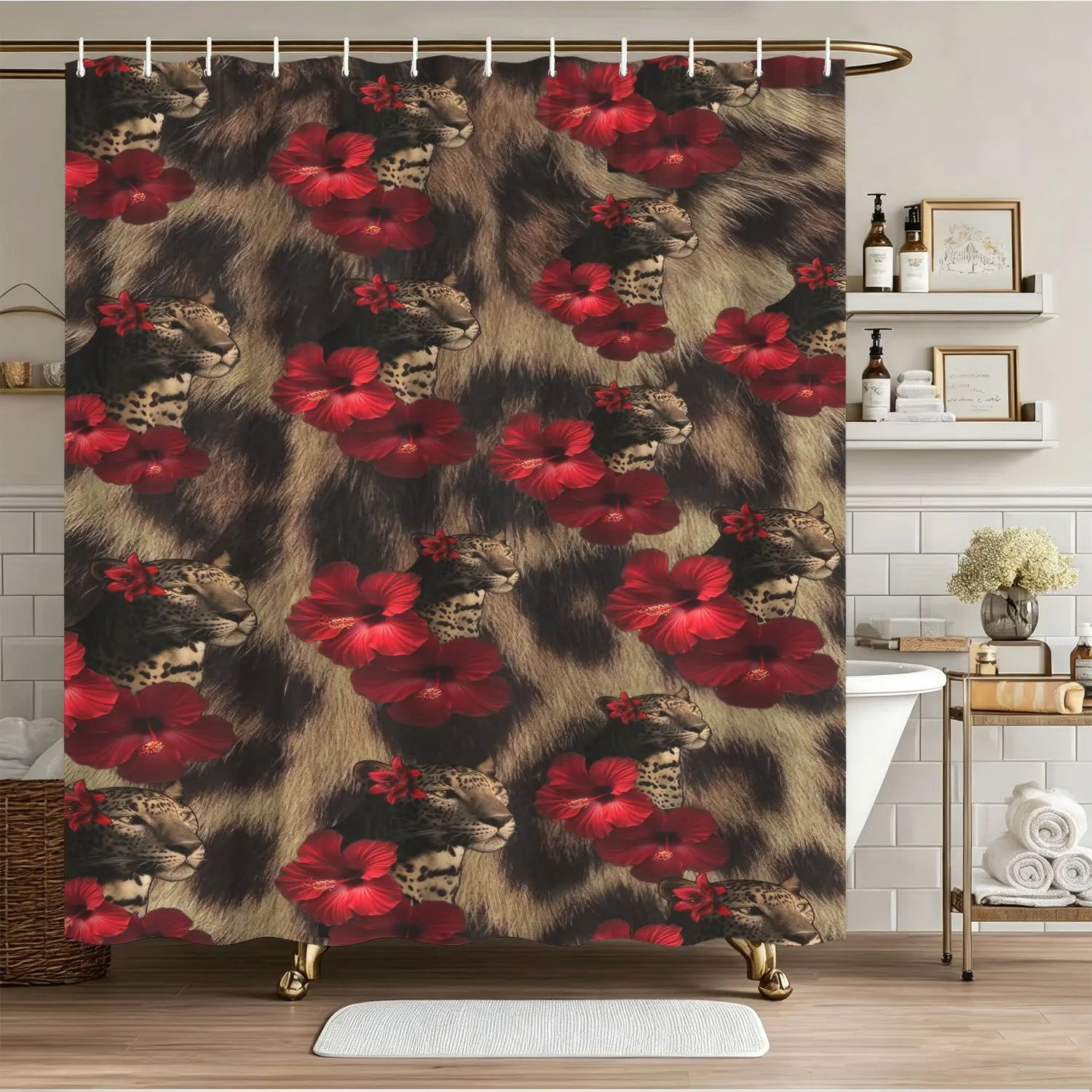 Leopard Cheetah Red Hibiscus Floral Pattern Shower Curtain, Digital Print Waterproof Fabric Shower Curtain, Easy Install Hooks Included, Wild Animal Print Bathroom Decor, Machine Washable, 72 X 72 Inches