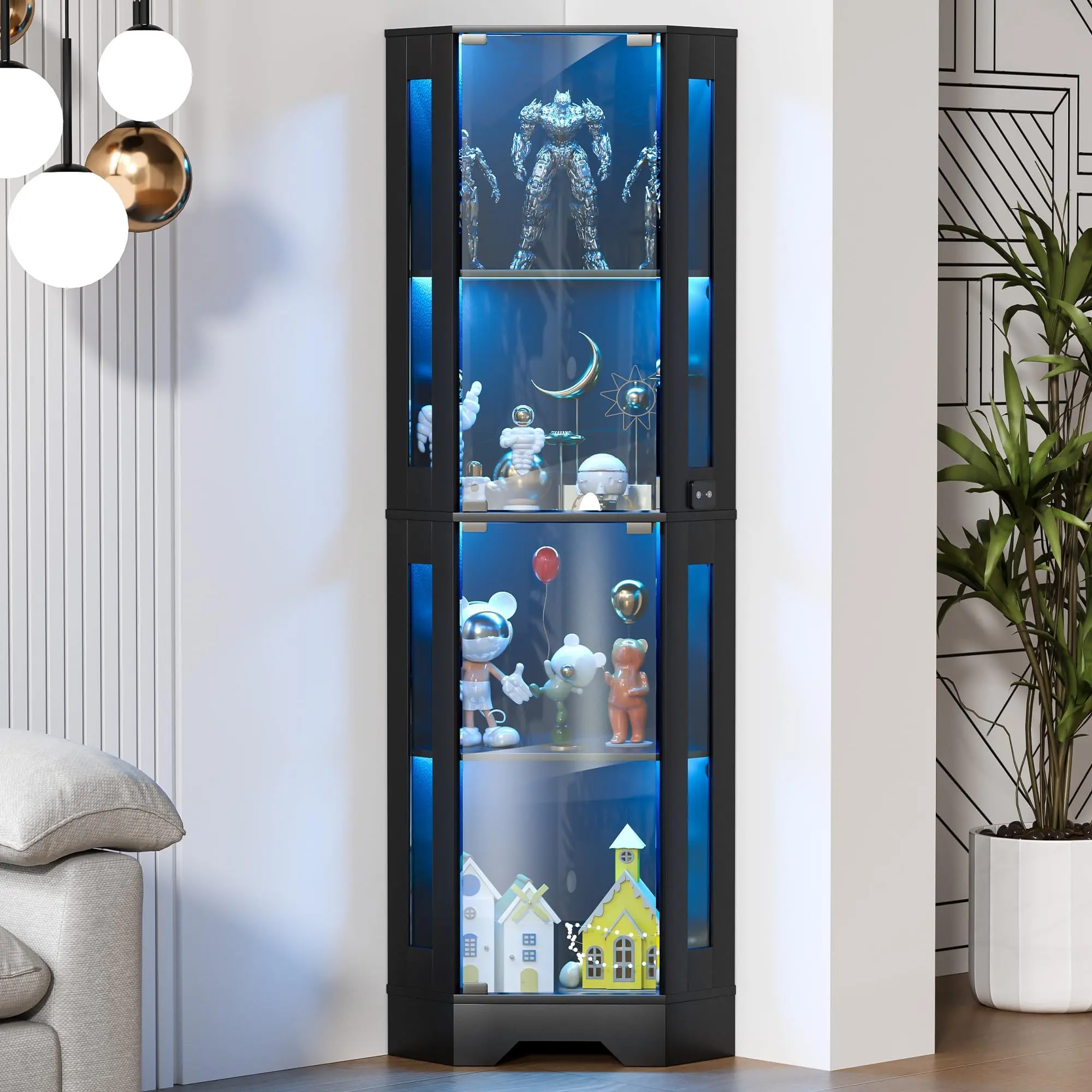 Modern Glass Display Cabinet for Dining Room – Corner Curio Showcase with 4 Tiers, Glass Doors, Lighted Shelves – Elegant Display for Collectibles, Figures, Toys, and Books