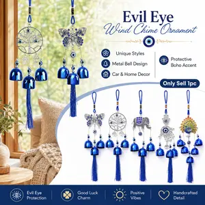 Lucky Blue Bell Wind Chime, Handmade Ethnic Style Metal Hanging Ornament with Tassel,  Charm and Gentle Bell Sound, Car hanging ornaments, Boho Outdoor Decor, Rotating Windcatcher, for Balcony, Patio, Garden, Window, Wall, Yard, Car Mirror and Home Gift