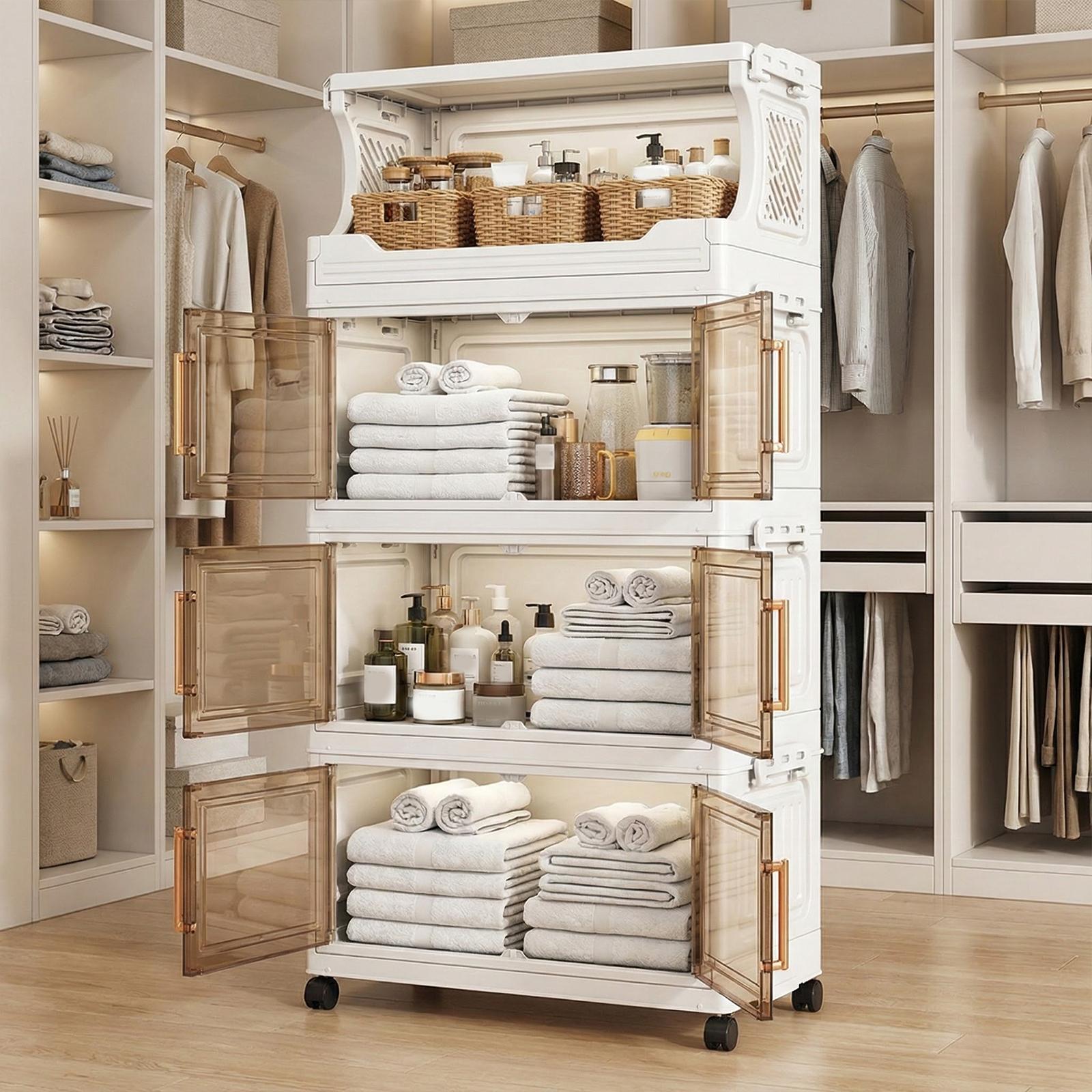 3 Tier Stackable Plastic Storage Bins with Doors and Wheels 42cm Foldable Plastic Storage Container Large Capacity for Craft Home Pantry DormTransparent