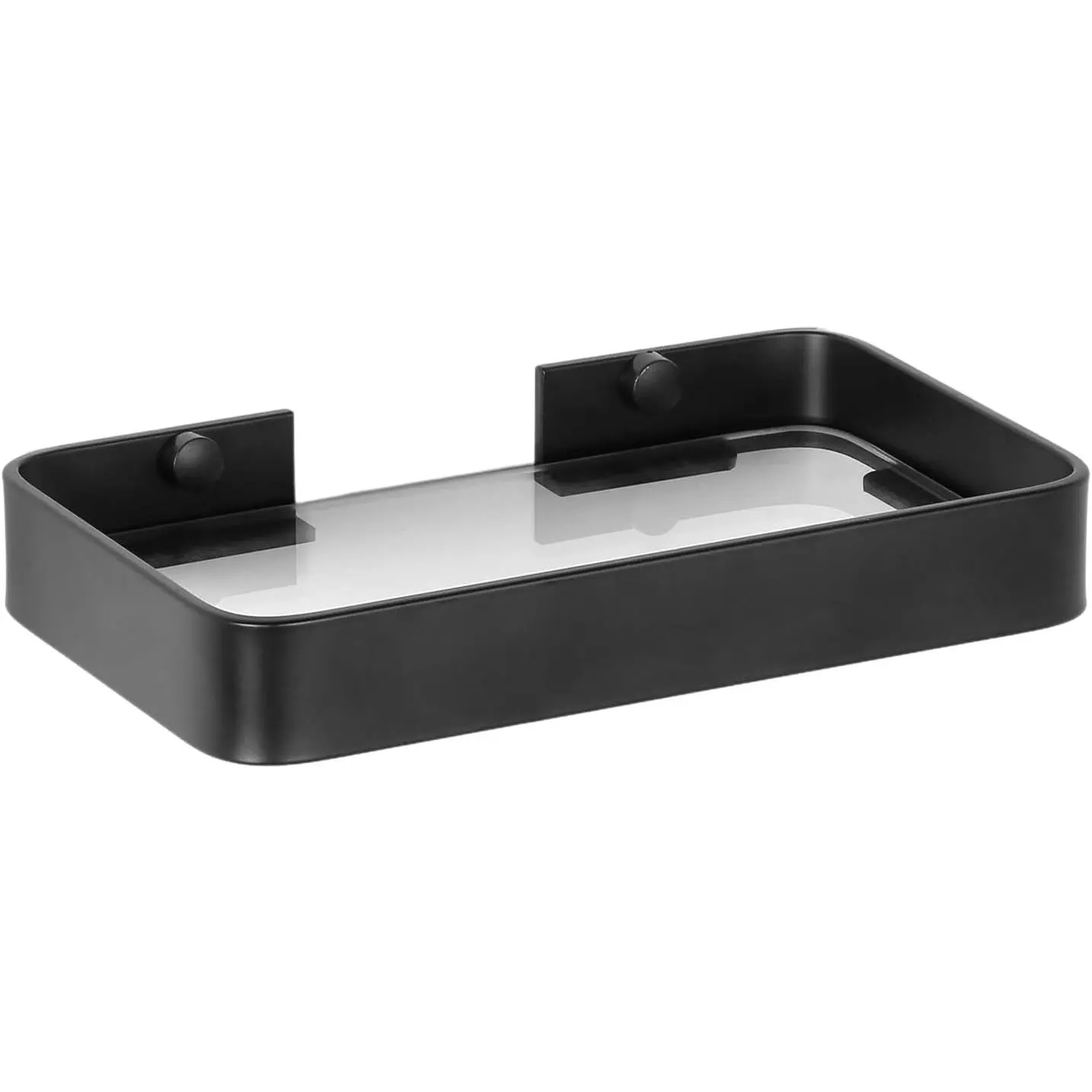 Small Glass Bathroom Shelves, Matte Black Floating Shelf, Mini Wall Shelf Organizer, Wall Mounted (Clear Glass, 8 inch/20cm), 1 pcs