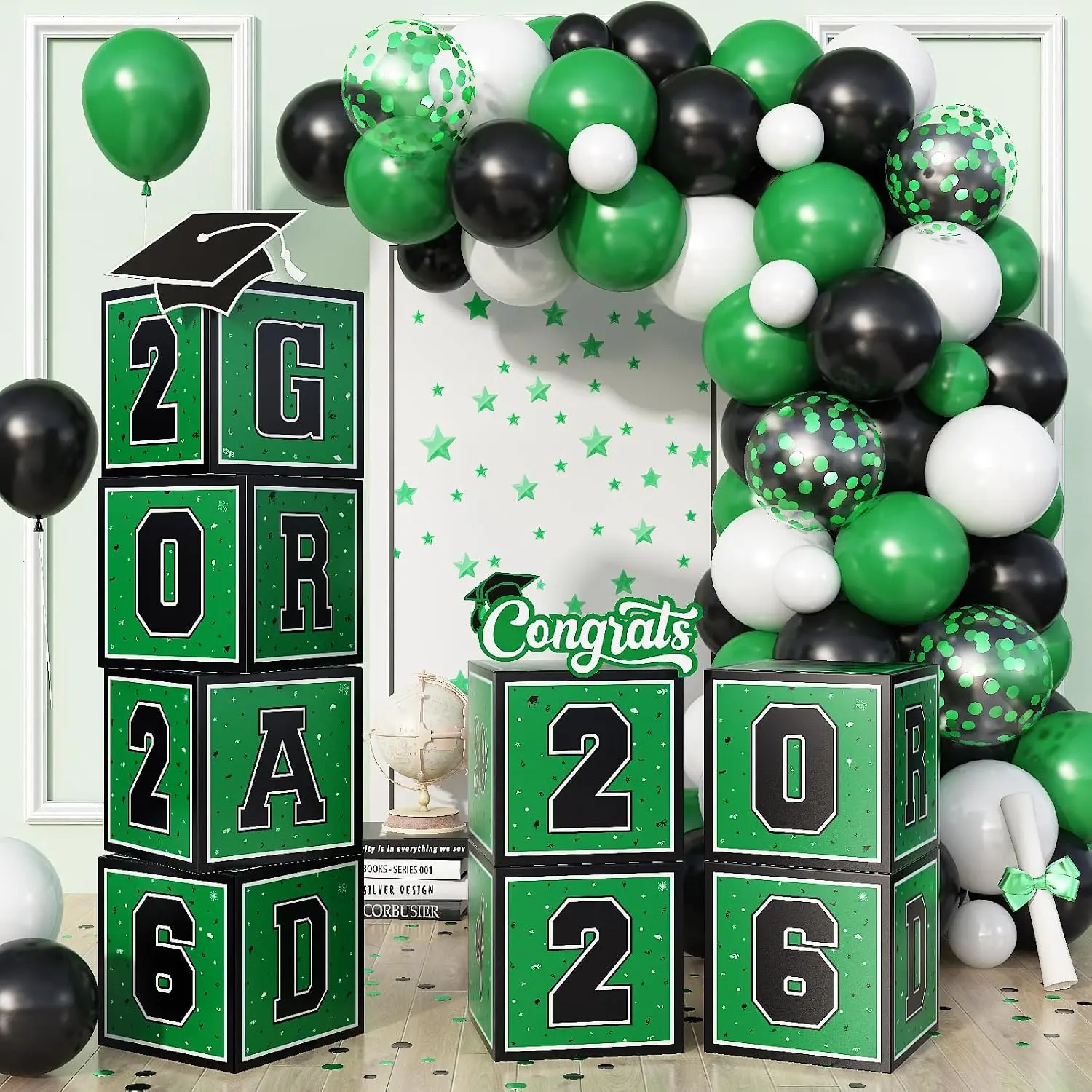 Green Graduation Decorations 2026, 4 count Grad Balloon Boxes and 35 count Black Green Balloon Garland Arch So Proud of You Graduation Decorations Class of 2026 Prom Grad Party Supplies