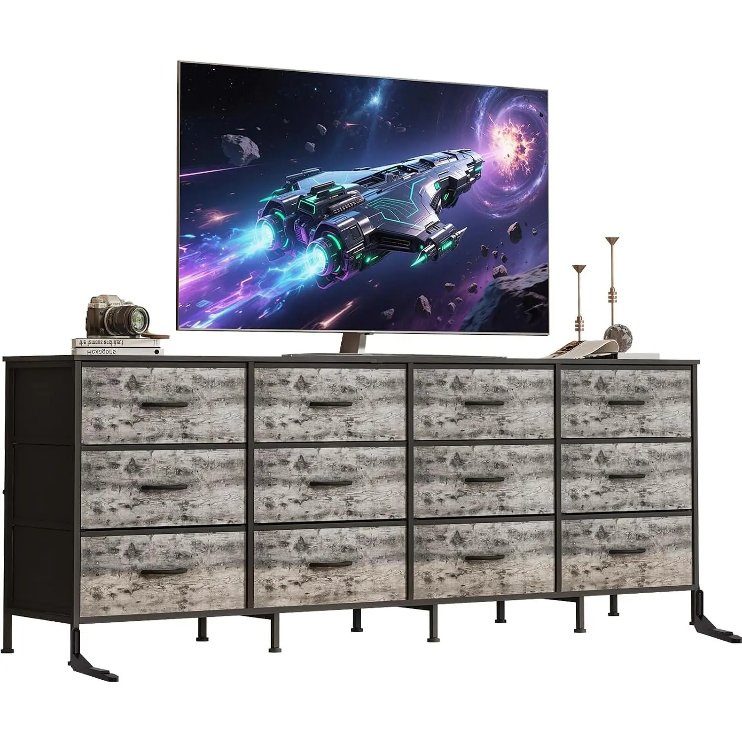 70 Inch Dresser TV Stand for Bedroom with 12 Fabric Drawers, Long Entertainment Center for 80 Inch TV, Media Console Table with Charging Station and Storage for Bedroom, Living Room Entryway