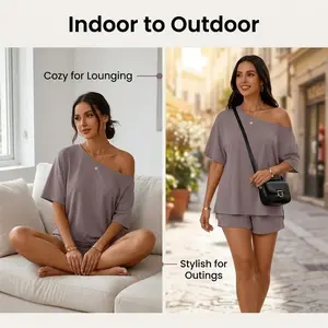 Women's Off-Shoulder Two-Piece Loungewear Set Casual Top and Slim-Fit Shorts Summer Style