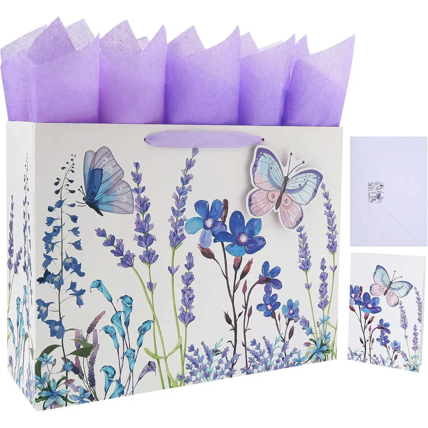 16.5"    Bag Set with Greeting Card and Tissue Papers (Lavender and  Butterfly) for Women's Birthday Party, ' Day, Girls' or ', Wedding, Valentine's Day